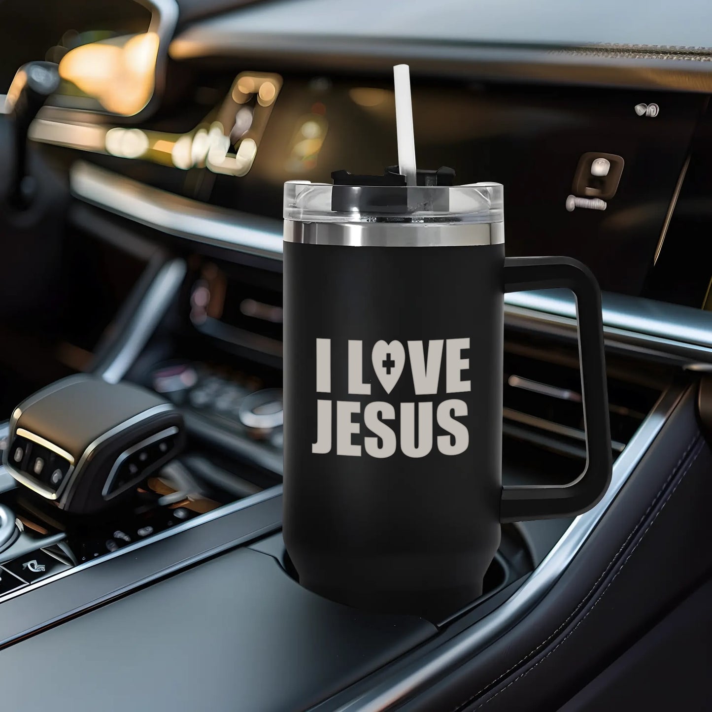 I Love Jesus 40oz Stainless Steel Christian Tumbler Travel Mug with Handle and Straw for Cup Holder