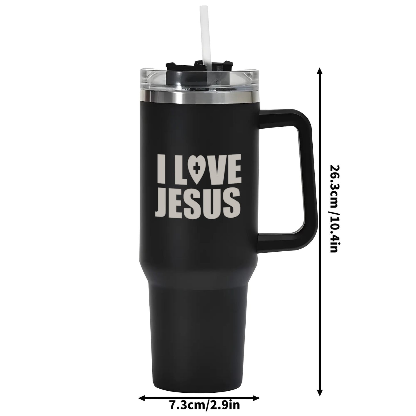 I Love Jesus 40oz Stainless Steel Christian Tumbler Travel Mug with Handle and Straw for Cup Holder