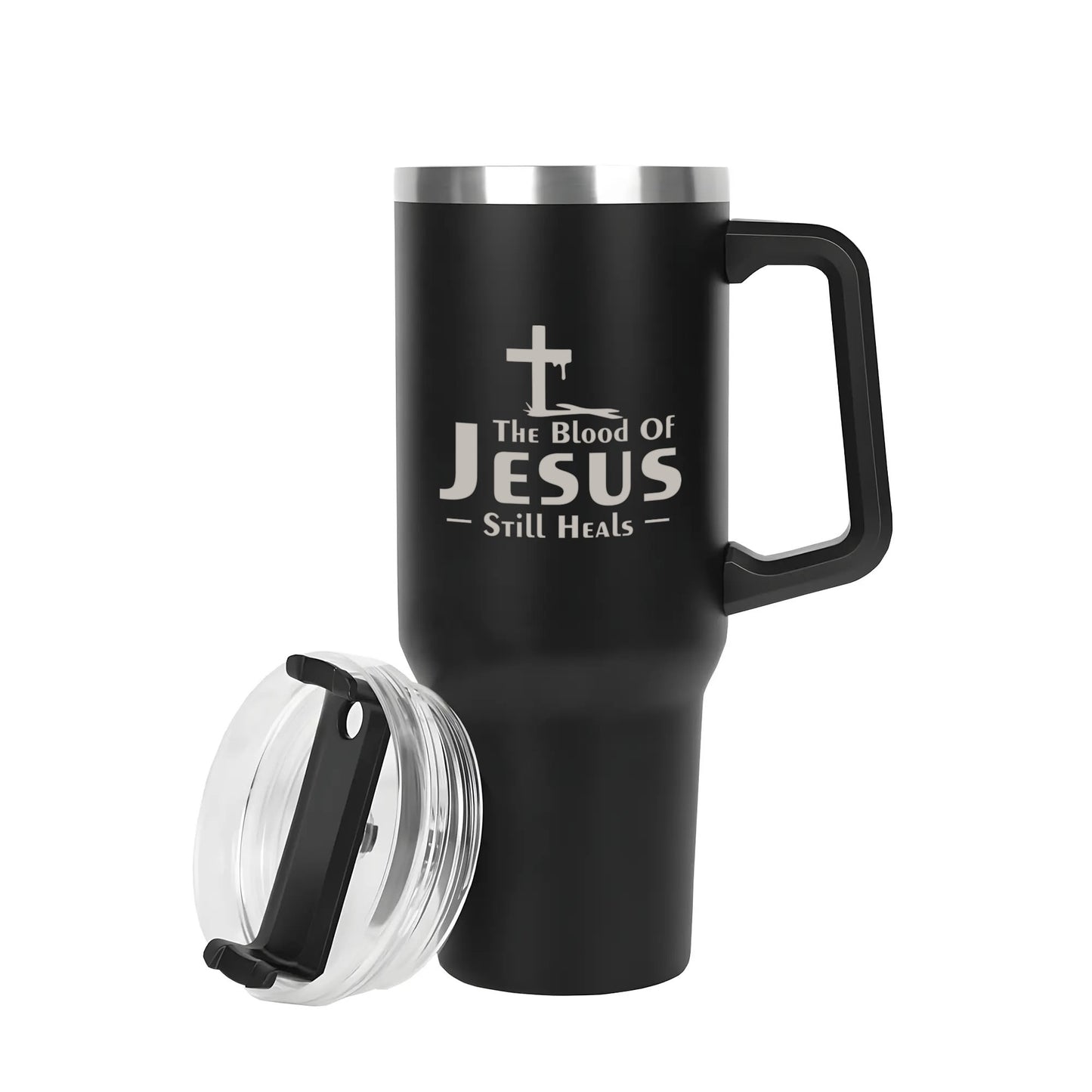 The Blood Of Jesus Still Heals 40oz Stainless Steel Christian Tumbler Travel Mug with Handle and Straw for Cup Holder