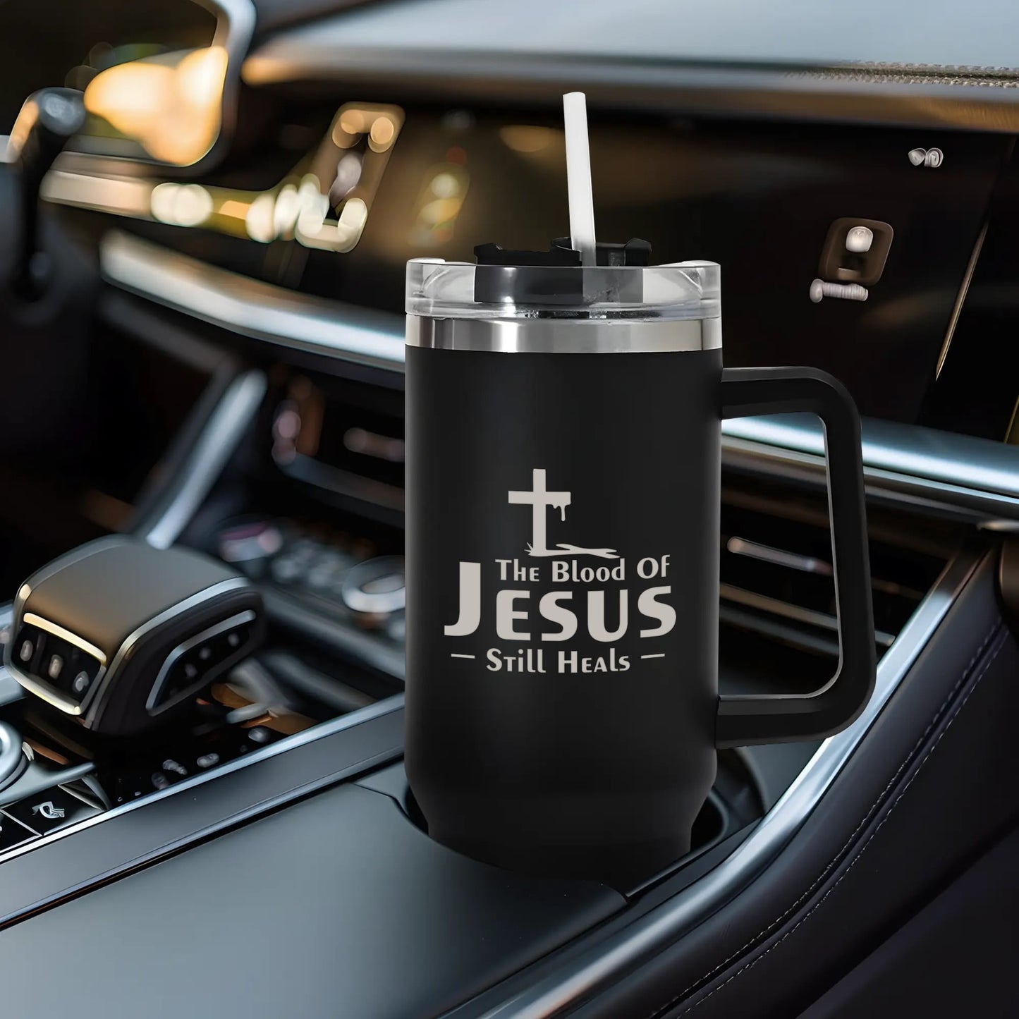 The Blood Of Jesus Still Heals 40oz Stainless Steel Christian Tumbler Travel Mug with Handle and Straw for Cup Holder