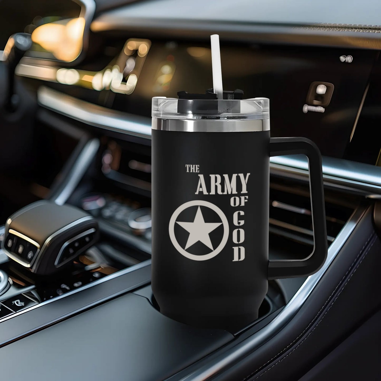 The Army Of God 40oz Stainless Steel Christian Tumbler Travel Mug with Handle and Straw for Cup Holder