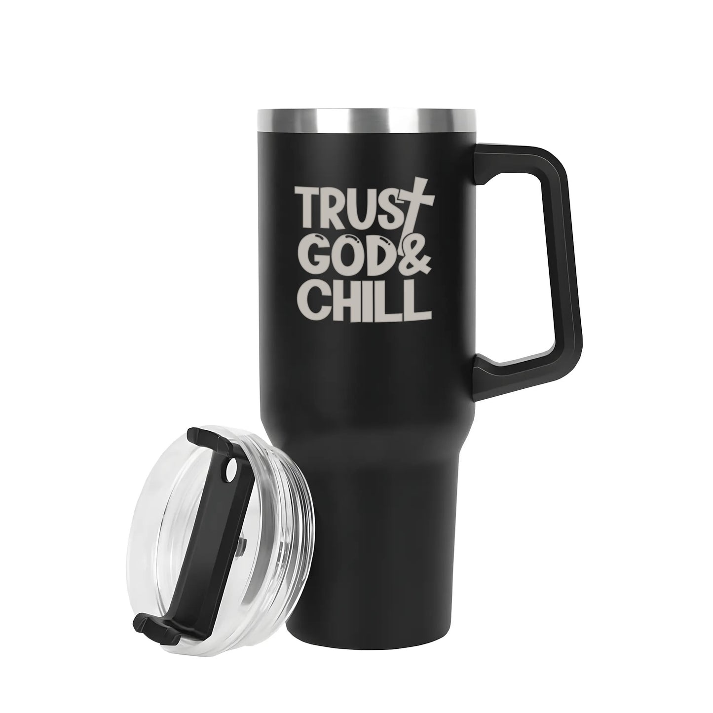 Trust God And Chill 40oz Stainless Steel Christian Tumbler Travel Mug with Handle and Straw for Cup Holder