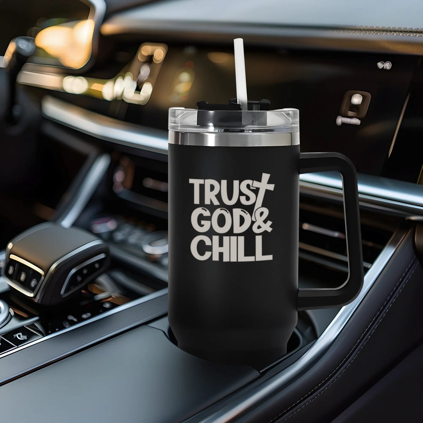 Trust God And Chill 40oz Stainless Steel Christian Tumbler Travel Mug with Handle and Straw for Cup Holder