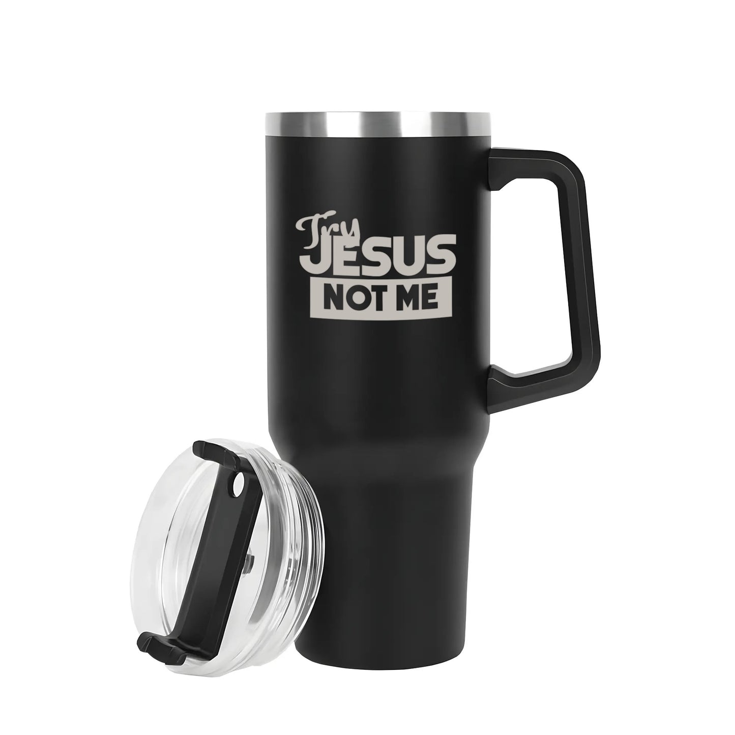 Try Jesus Not Me 40oz Stainless Steel Christian Tumbler Travel Mug with Handle and Straw for Cup Holder