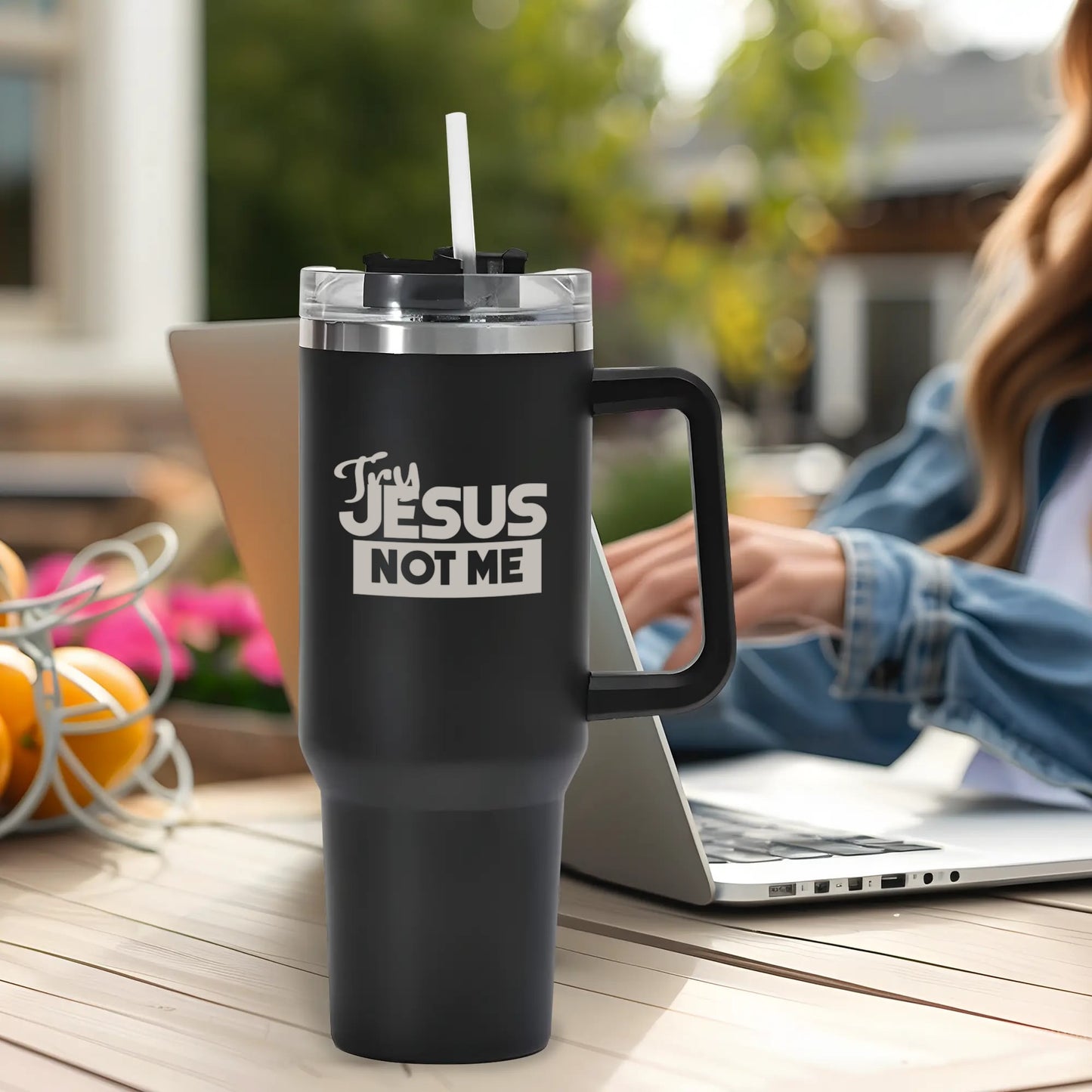 Try Jesus Not Me 40oz Stainless Steel Christian Tumbler Travel Mug with Handle and Straw for Cup Holder