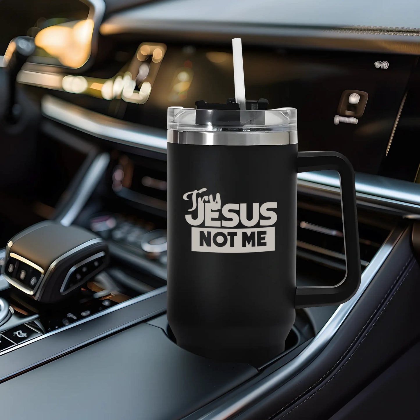 Try Jesus Not Me 40oz Stainless Steel Christian Tumbler Travel Mug with Handle and Straw for Cup Holder