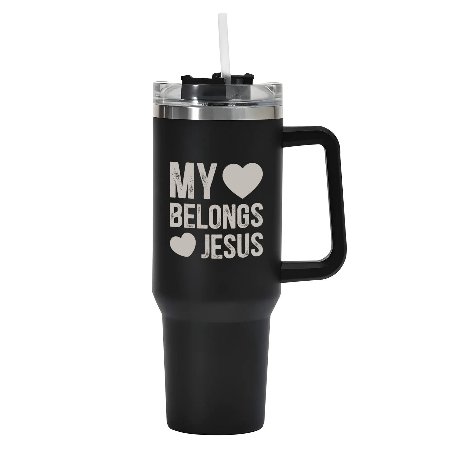 My Heart Belongs To Jesus 40oz Stainless Steel Christian Tumbler Travel Mug with Handle and Straw for Cup Holder