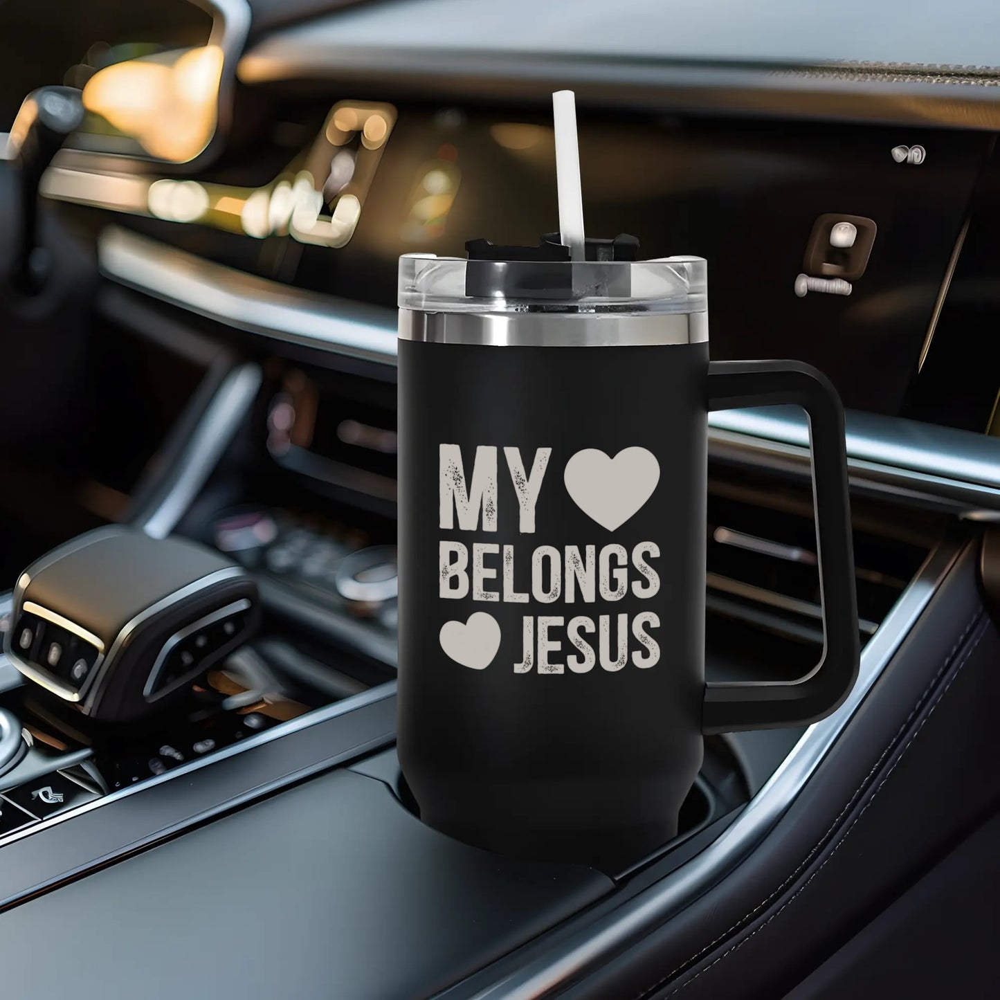 My Heart Belongs To Jesus 40oz Stainless Steel Christian Tumbler Travel Mug with Handle and Straw for Cup Holder