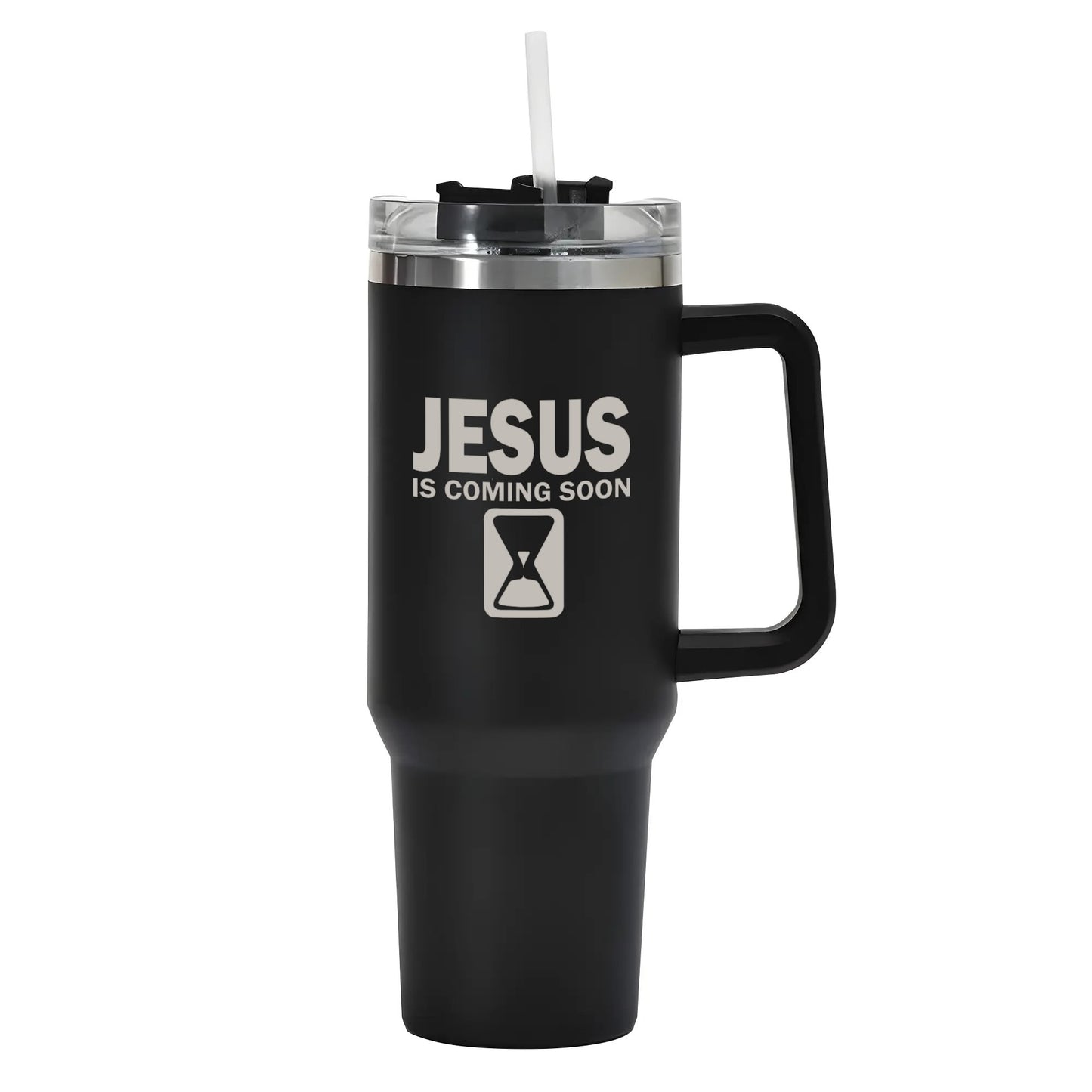 Jesus Is Coming Soon 40oz Stainless Steel Christian Tumbler Travel Mug with Handle and Straw for Cup Holder