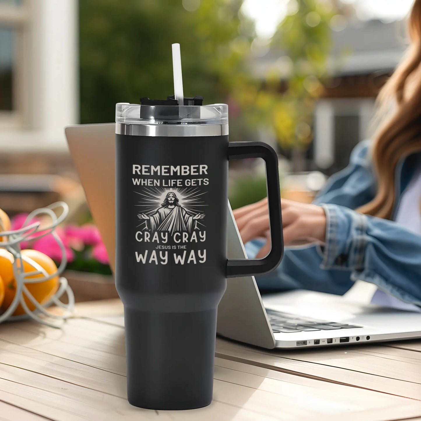 Remember When Life Gets Cray Cray Jesus Is The Way Way 40oz Stainless Steel Christian Tumbler Travel Mug with Handle and Straw for Cup Holder