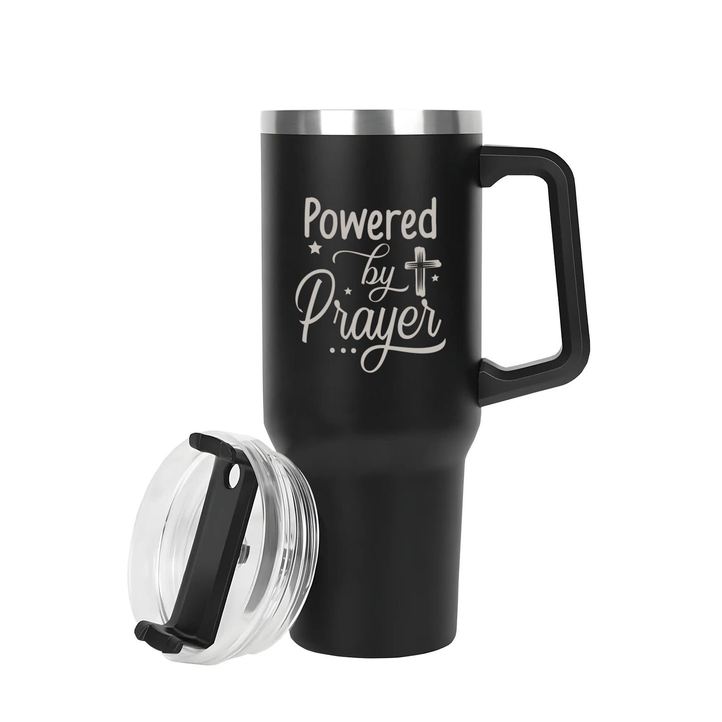 Powered By Prayer 40oz Stainless Steel Christian Tumbler Travel Mug with Handle and Straw for Cup Holder