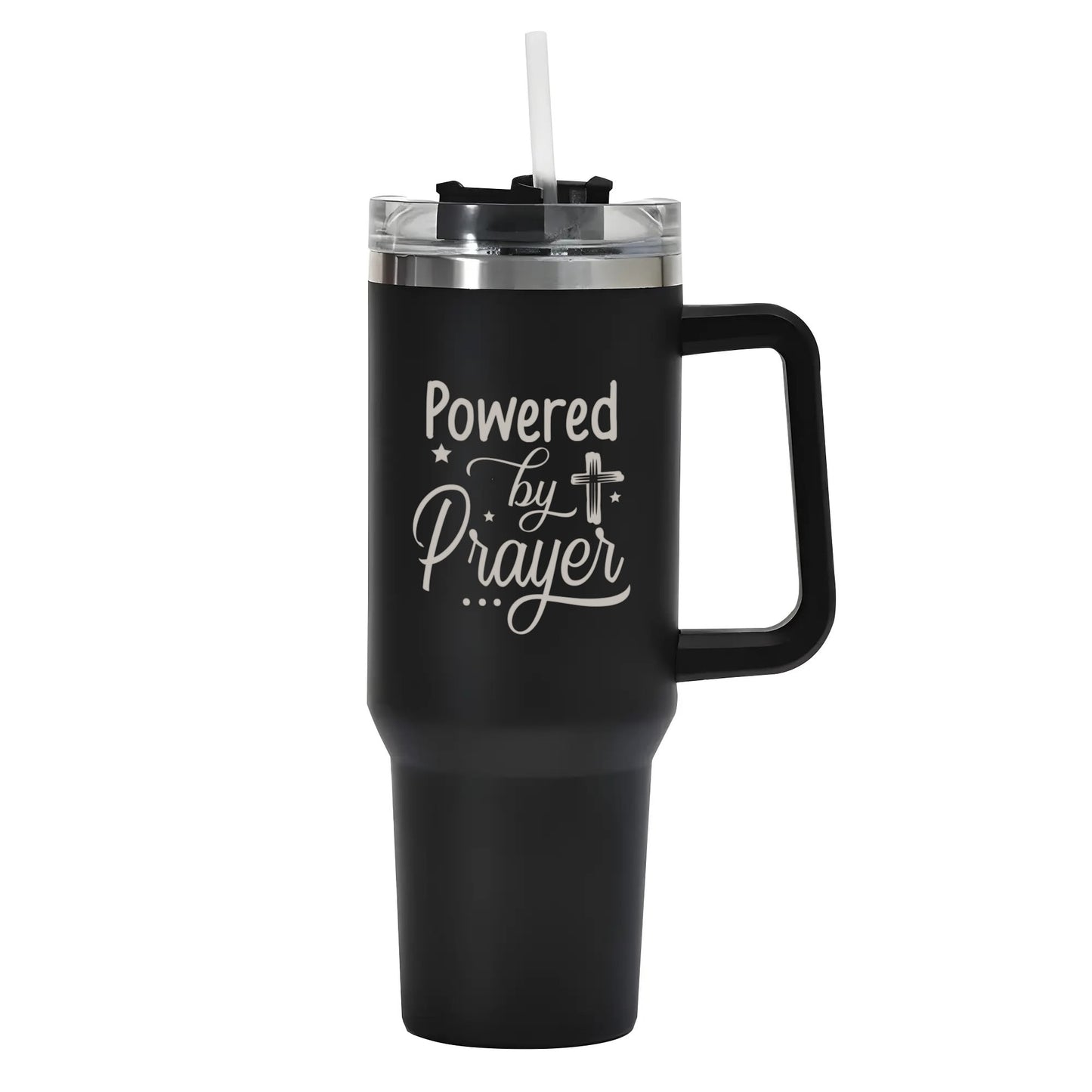 Powered By Prayer 40oz Stainless Steel Christian Tumbler Travel Mug with Handle and Straw for Cup Holder