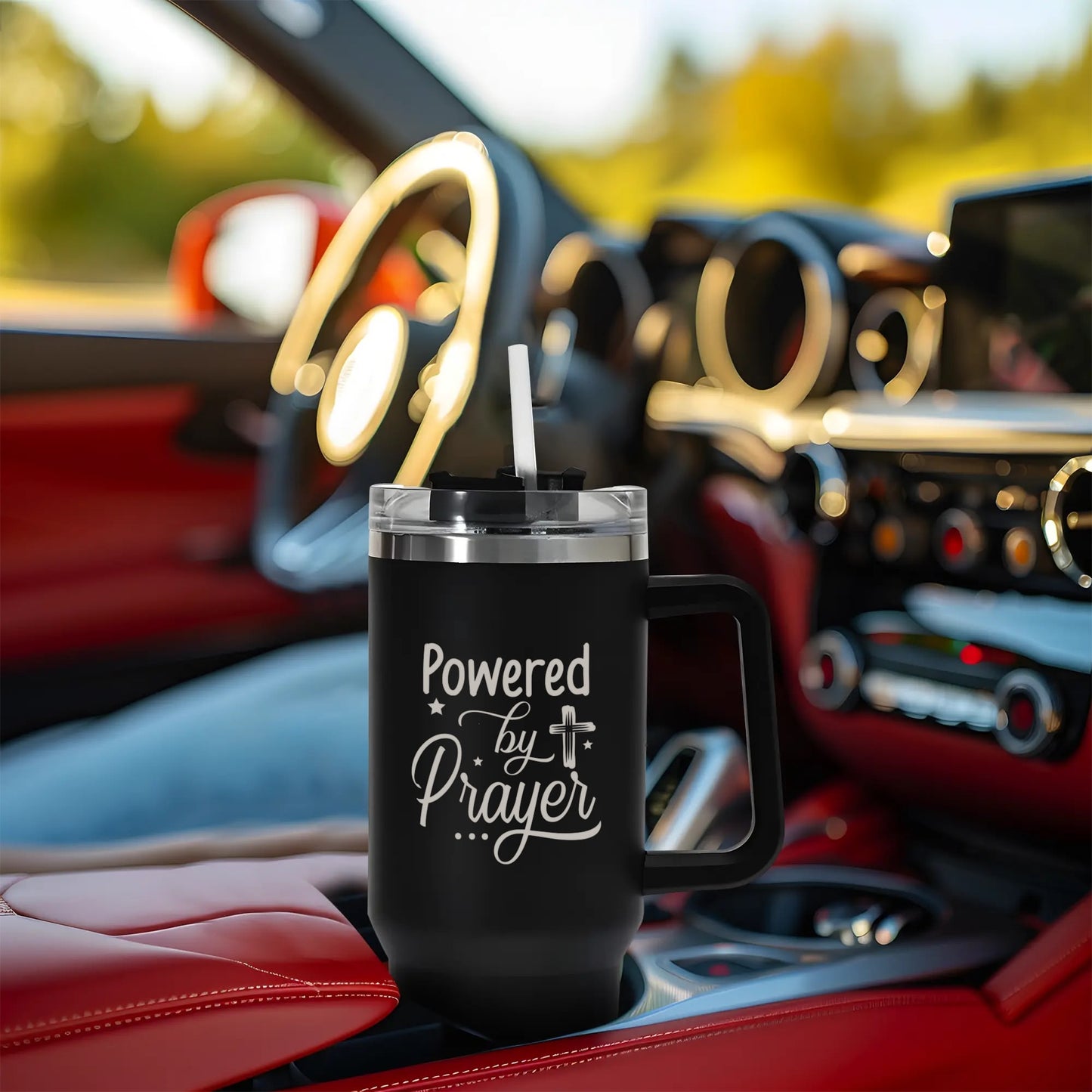 Powered By Prayer 40oz Stainless Steel Christian Tumbler Travel Mug with Handle and Straw for Cup Holder