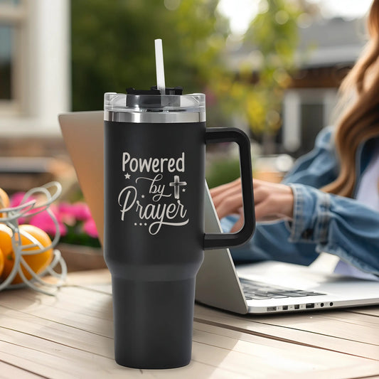 Powered By Prayer 40oz Stainless Steel Christian Tumbler Travel Mug with Handle and Straw for Cup Holder