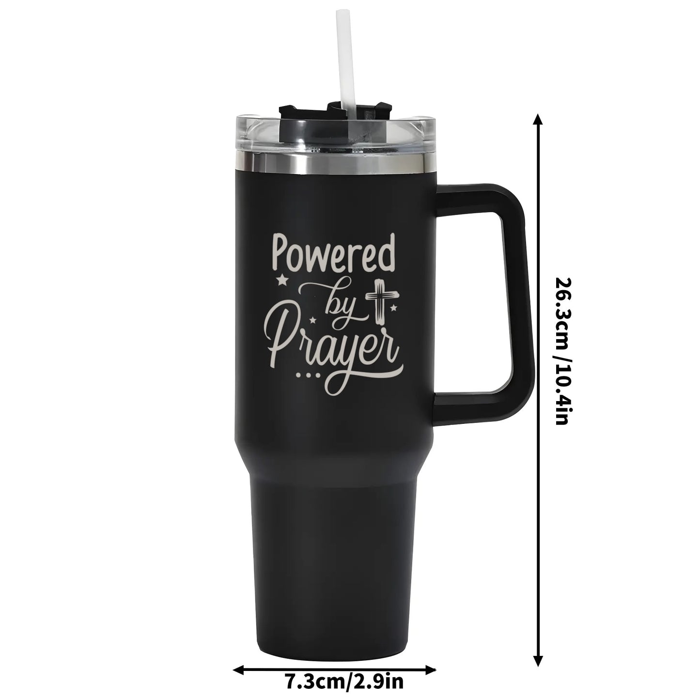 Powered By Prayer 40oz Stainless Steel Christian Tumbler Travel Mug with Handle and Straw for Cup Holder