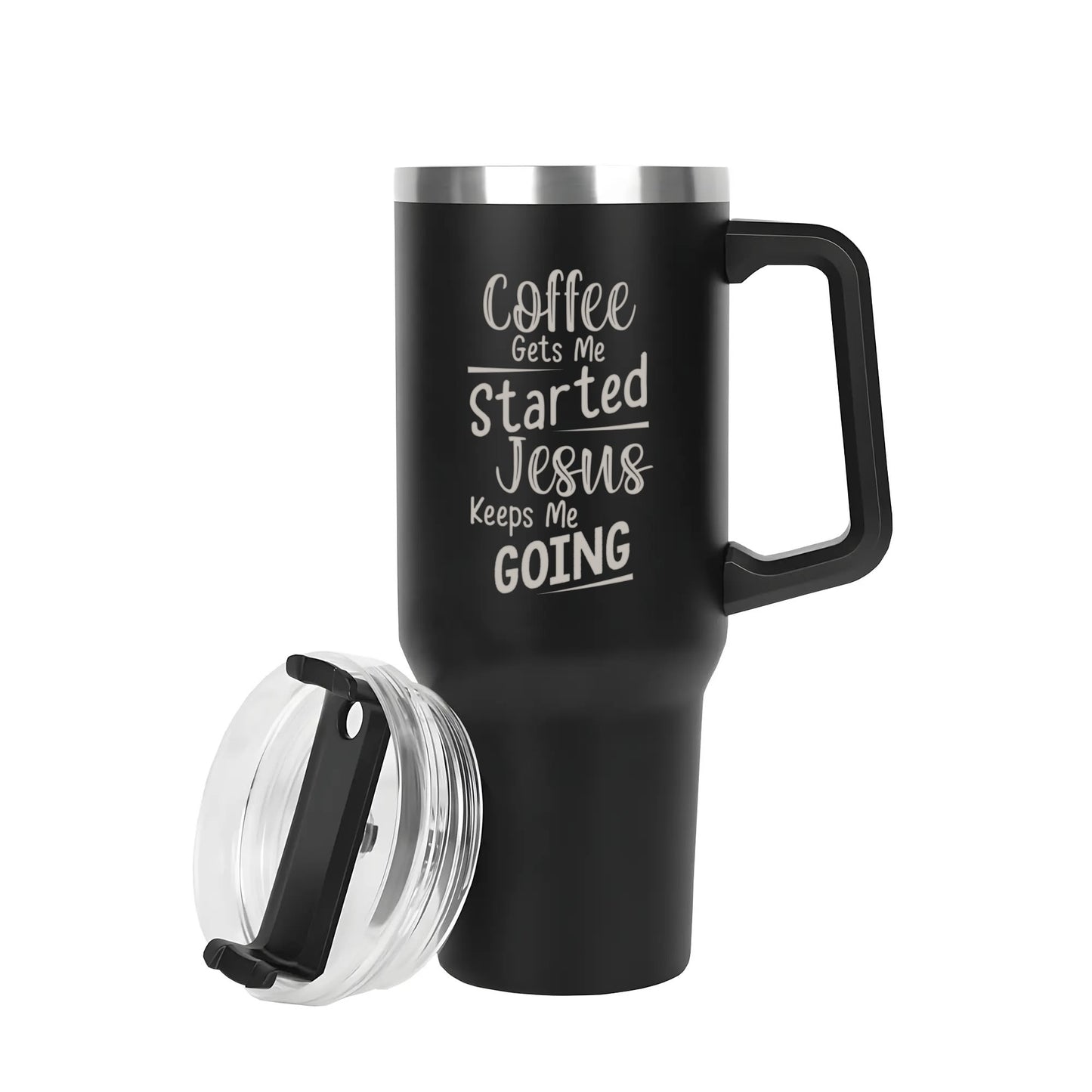 Coffee Gets Me Started Jesus Keeps Me Going 40oz Stainless Steel Christian Tumbler Travel Mug with Handle and Straw for Cup Holder