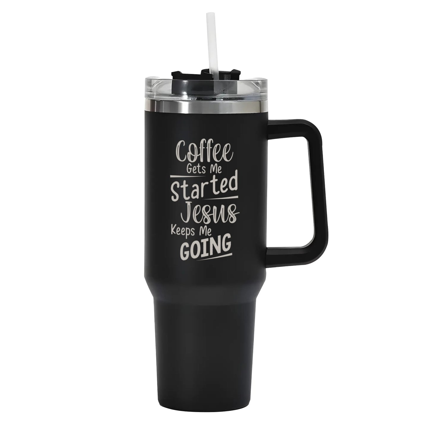 Coffee Gets Me Started Jesus Keeps Me Going 40oz Stainless Steel Christian Tumbler Travel Mug with Handle and Straw for Cup Holder