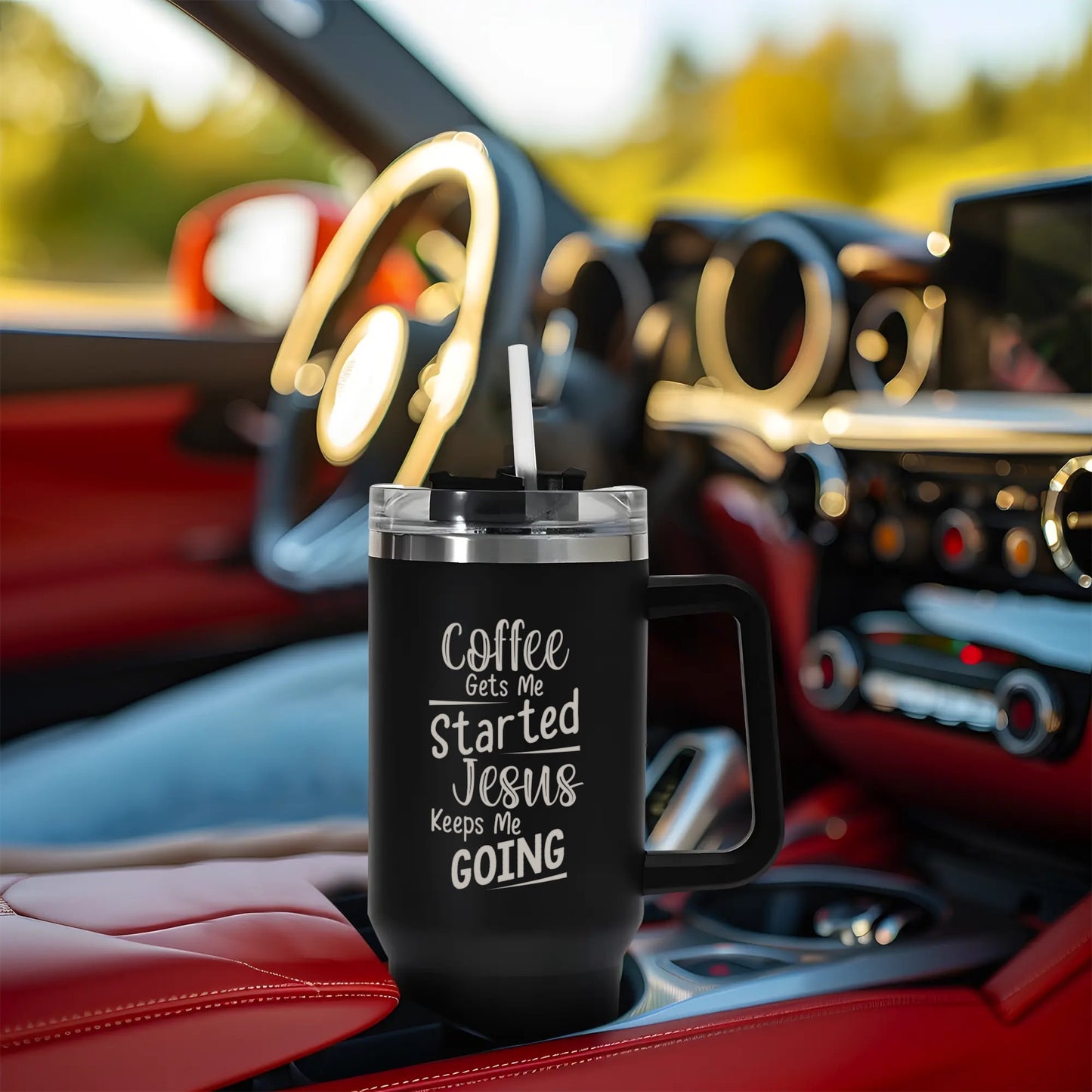 Coffee Gets Me Started Jesus Keeps Me Going 40oz Stainless Steel Christian Tumbler Travel Mug with Handle and Straw for Cup Holder