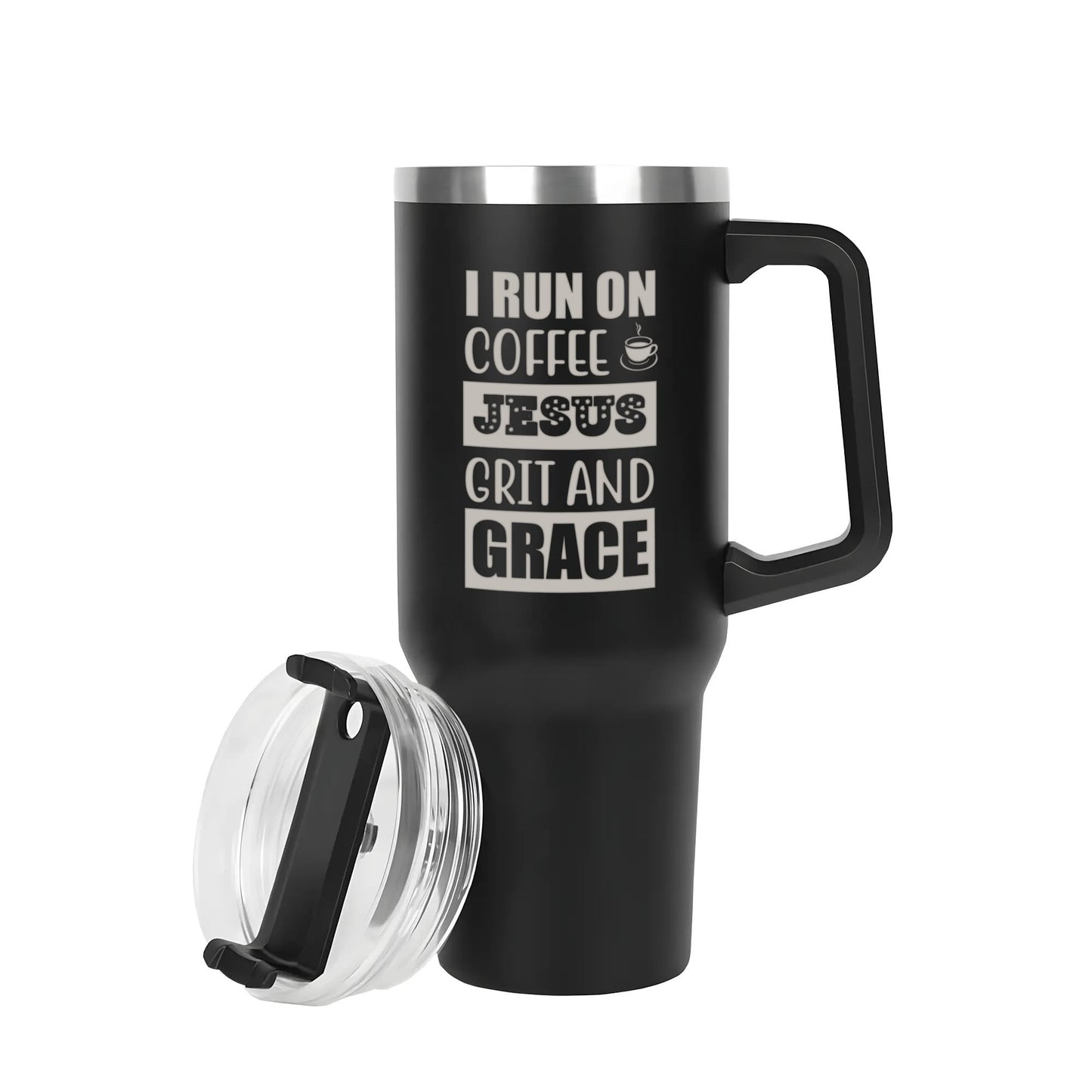 I Run On Coffee And Jesus Grit And Grace 40oz Stainless Steel Christian Tumbler Travel Mug with Handle and Straw for Cup Holder