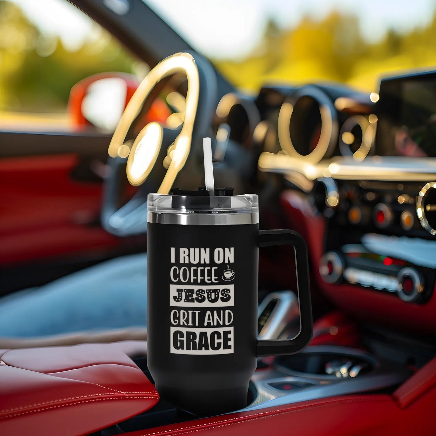 I Run On Coffee And Jesus Grit And Grace 40oz Stainless Steel Christian Tumbler Travel Mug with Handle and Straw for Cup Holder