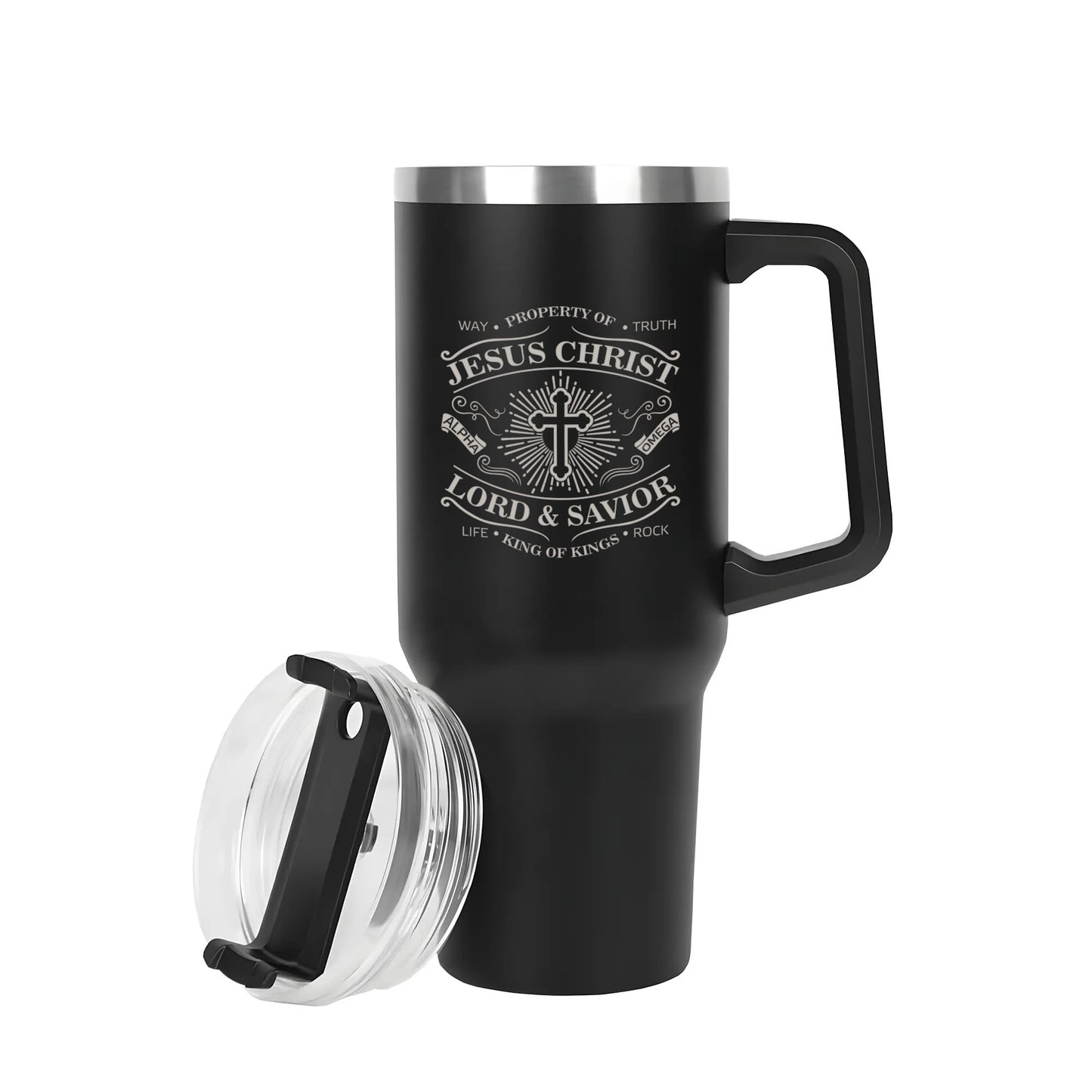 Property Of Jesus Christ 40oz Stainless Steel Christian Tumbler Travel Mug with Handle and Straw for Cup Holder