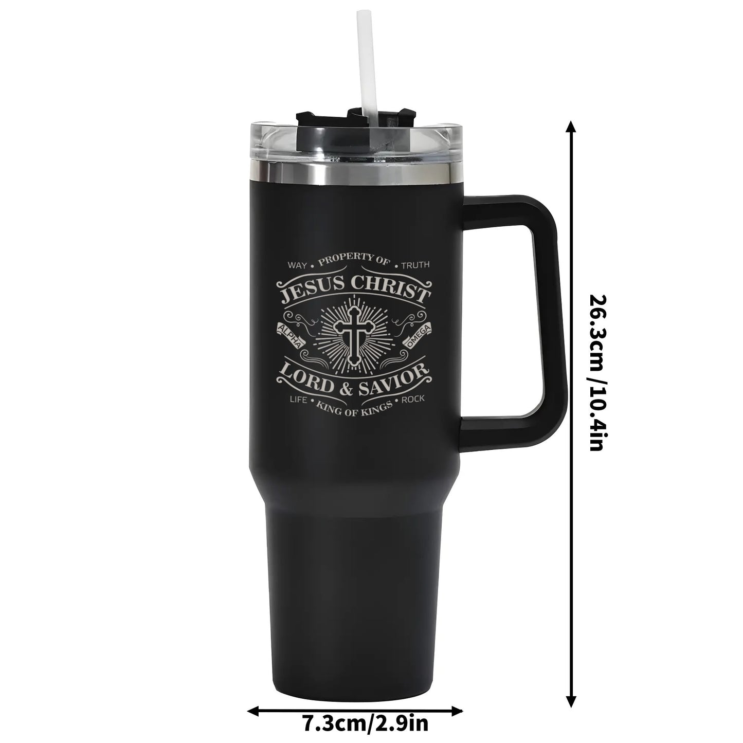 Property Of Jesus Christ 40oz Stainless Steel Christian Tumbler Travel Mug with Handle and Straw for Cup Holder