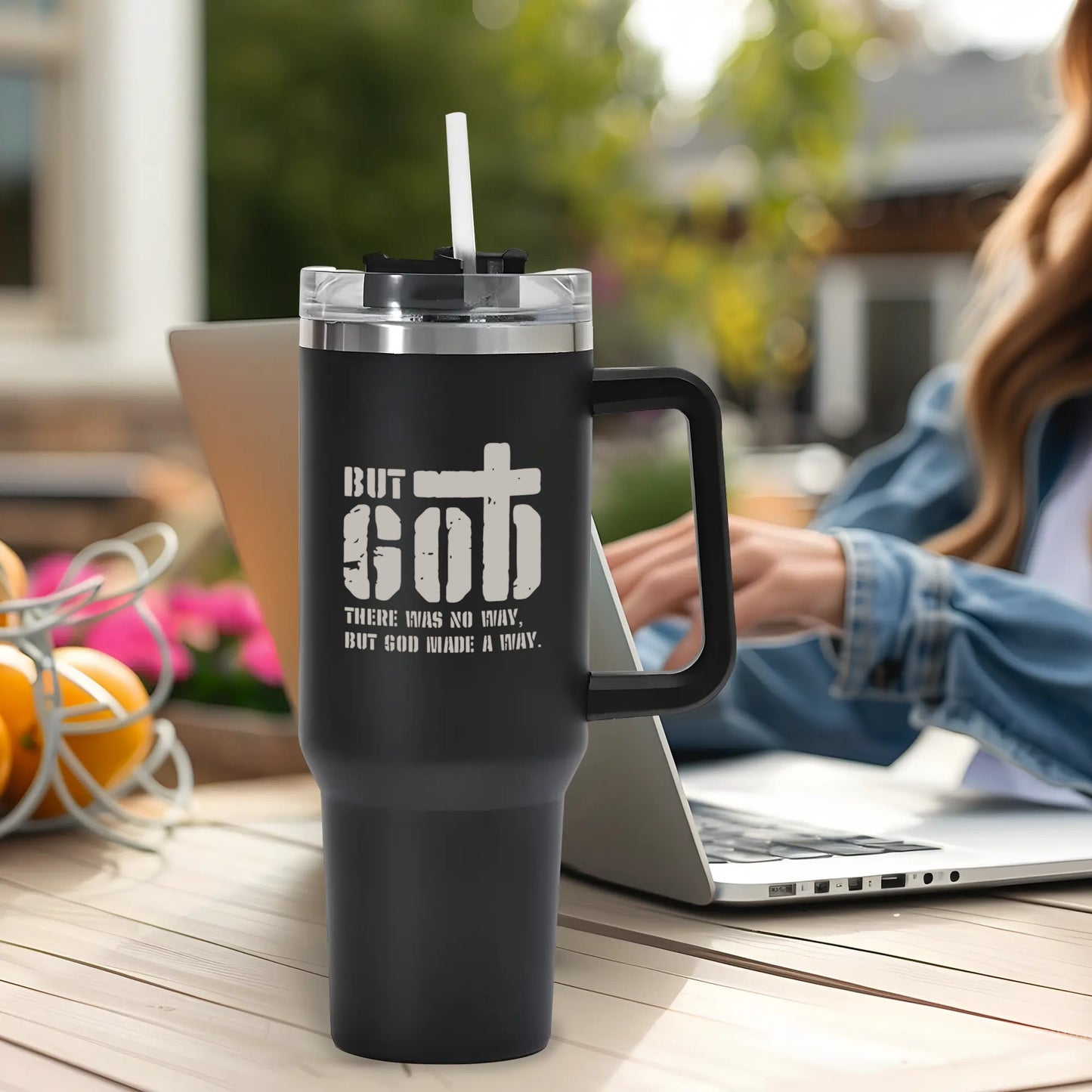 But God There Was No Way But God Made A Way 40oz Stainless Steel Christian Tumbler Travel Mug with Handle and Straw for Cup Holder