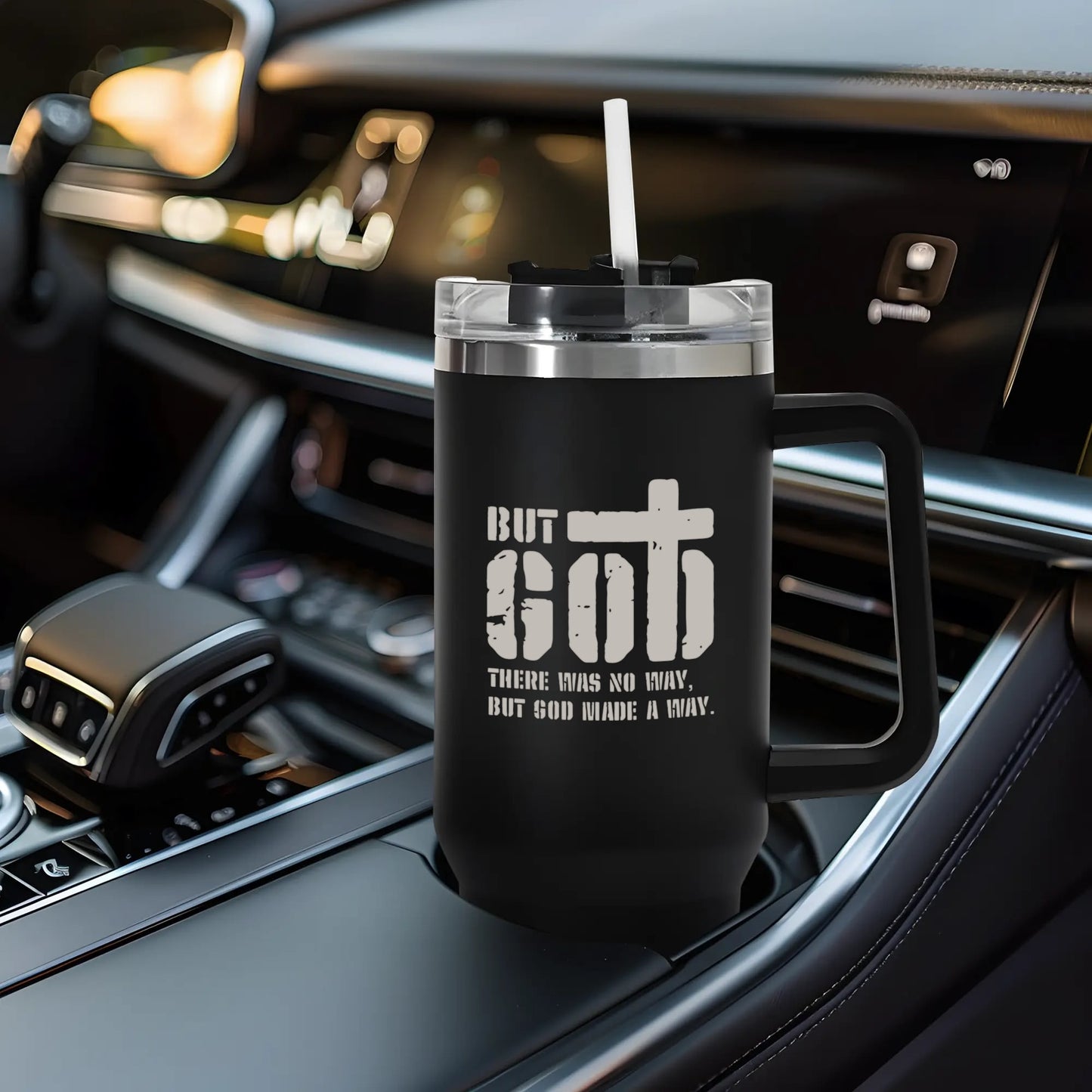 But God There Was No Way But God Made A Way 40oz Stainless Steel Christian Tumbler Travel Mug with Handle and Straw for Cup Holder