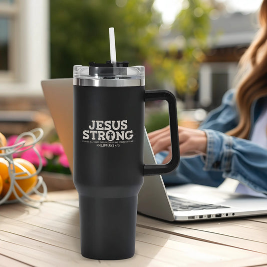 Jesus Strong 40oz Stainless Steel Christian Tumbler Travel Mug with Handle and Straw for Cup Holder