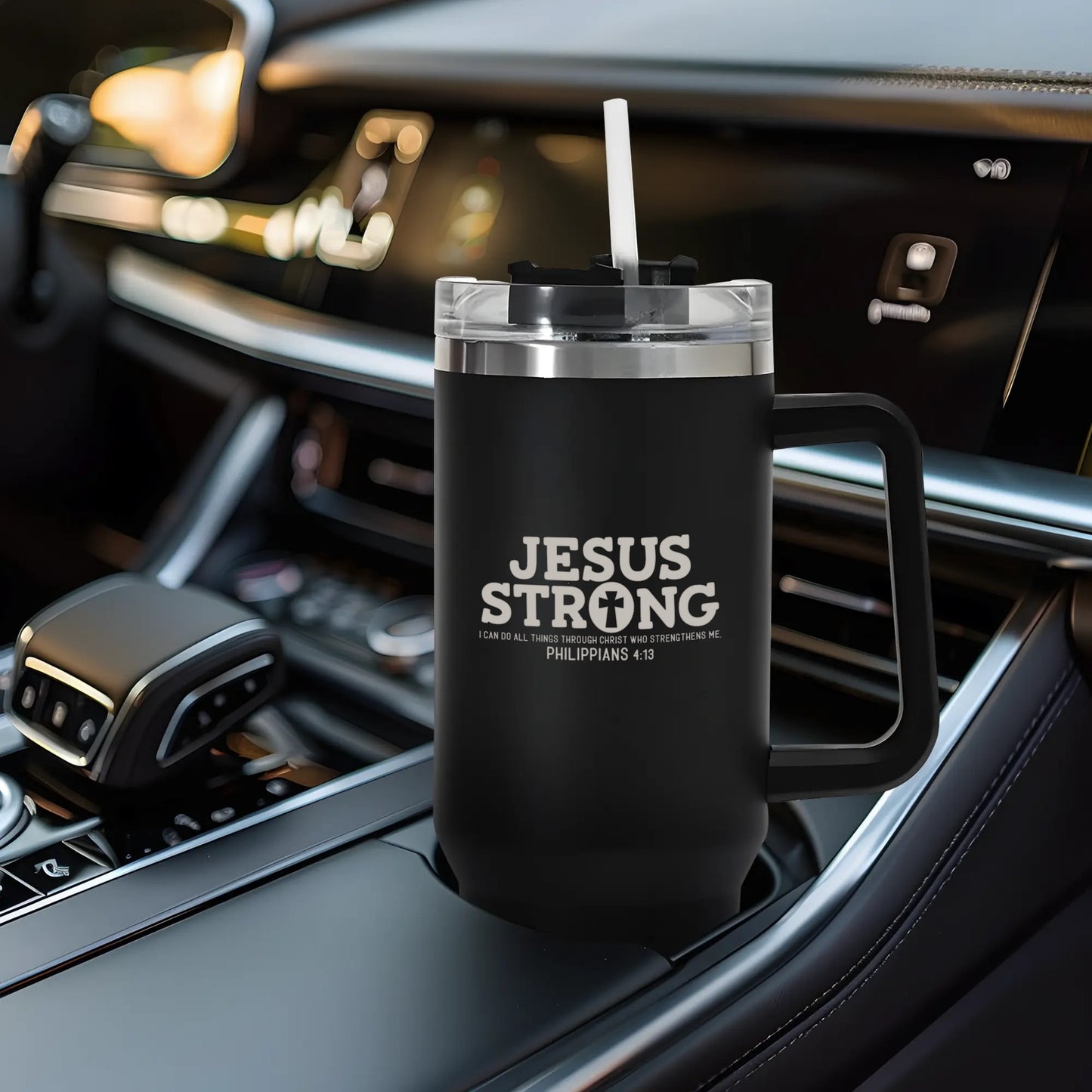 Jesus Strong 40oz Stainless Steel Christian Tumbler Travel Mug with Handle and Straw for Cup Holder