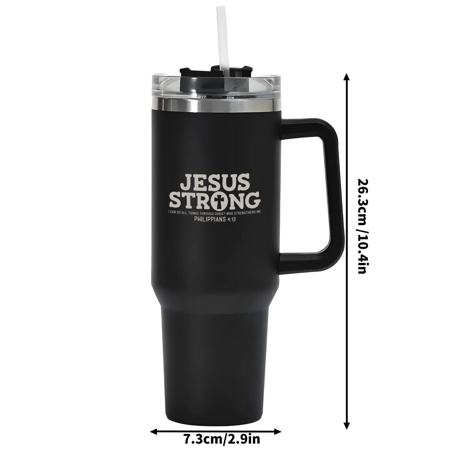 Jesus Strong 40oz Stainless Steel Christian Tumbler Travel Mug with Handle and Straw for Cup Holder