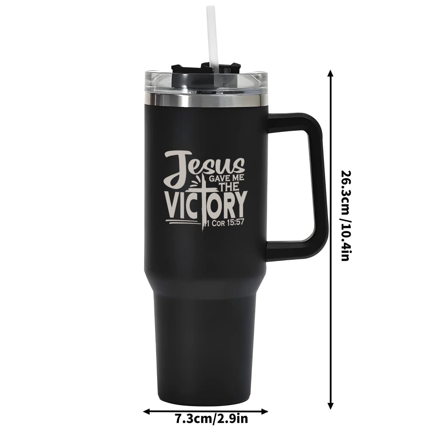 Jesus Gave Me The Victory 40oz Stainless Steel Christian Tumbler Travel Mug with Handle and Straw for Cup Holder