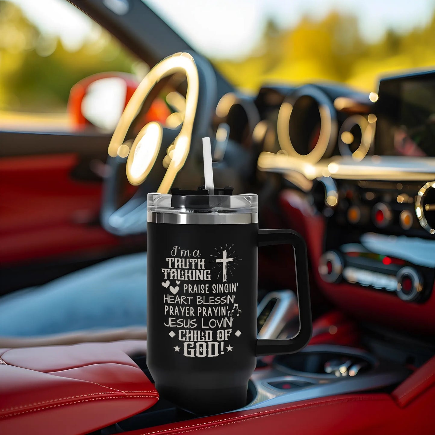 Im A Truth Talking Child Of God 40oz Stainless Steel Christian Tumbler Travel Mug with Handle and Straw for Cup Holder