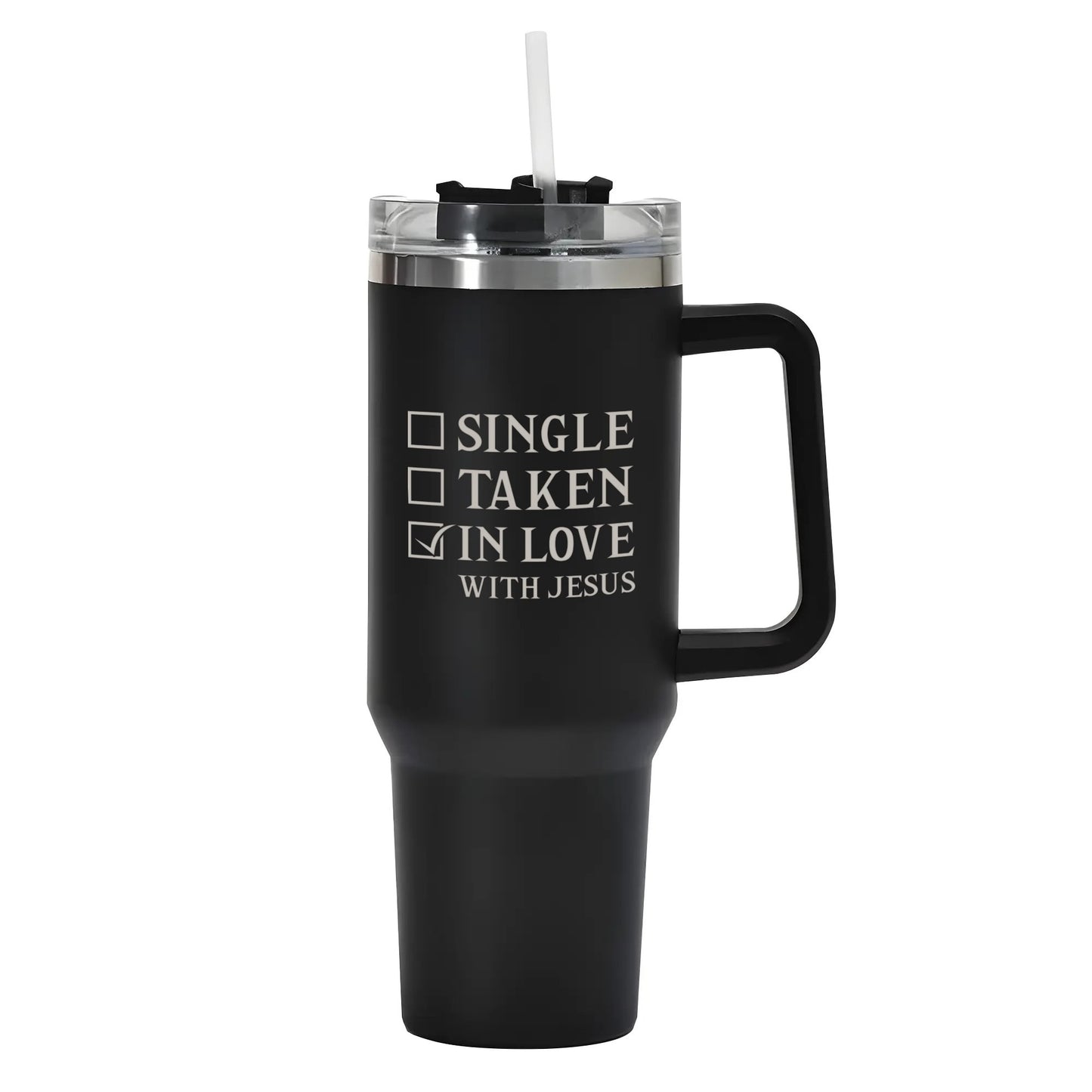 Single Taken In Love With Jesus 40oz Stainless Steel Christian Tumbler Travel Mug with Handle and Straw for Cup Holder