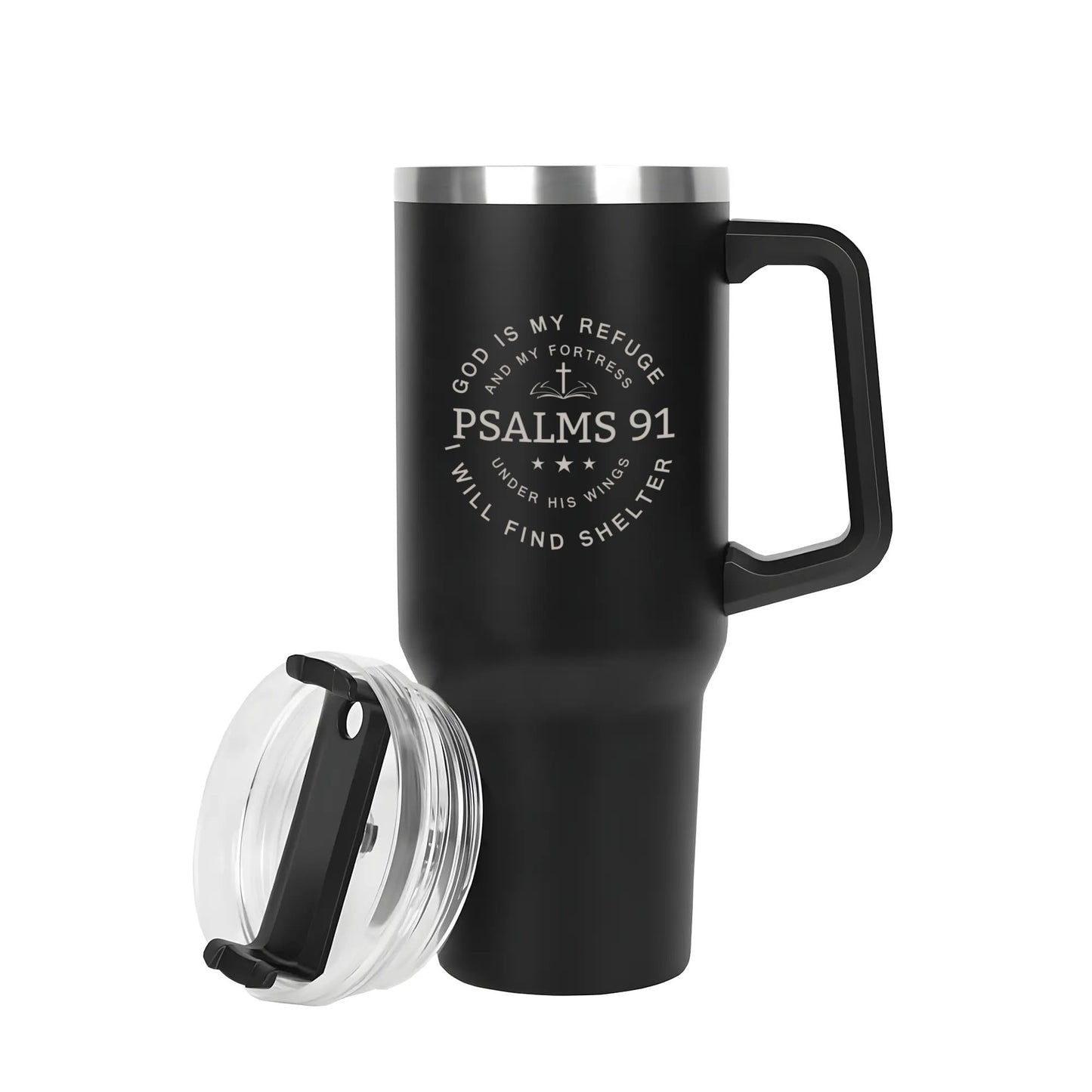 Psalms 91 God Is My Refuge 40oz Stainless Steel Christian Tumbler Travel Mug with Handle and Straw for Cup Holder