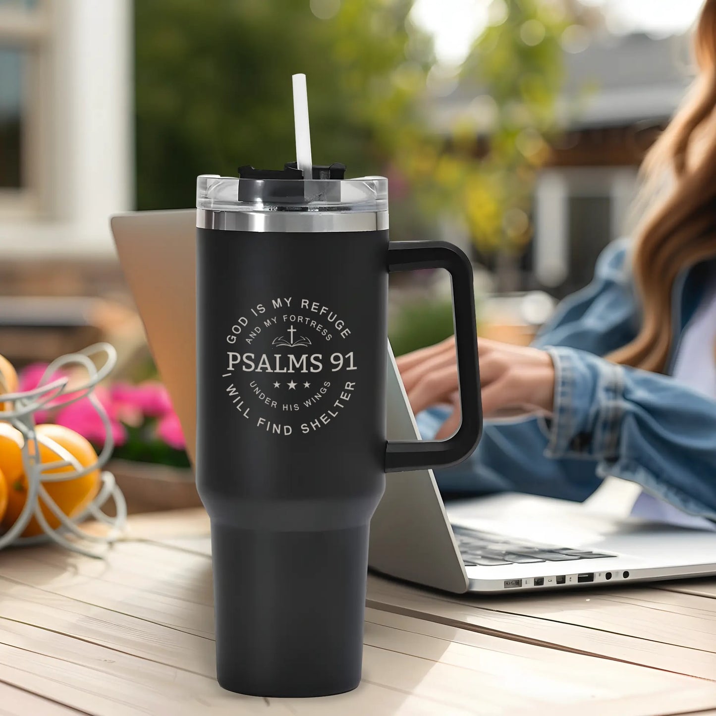 Psalms 91 God Is My Refuge 40oz Stainless Steel Christian Tumbler Travel Mug with Handle and Straw for Cup Holder