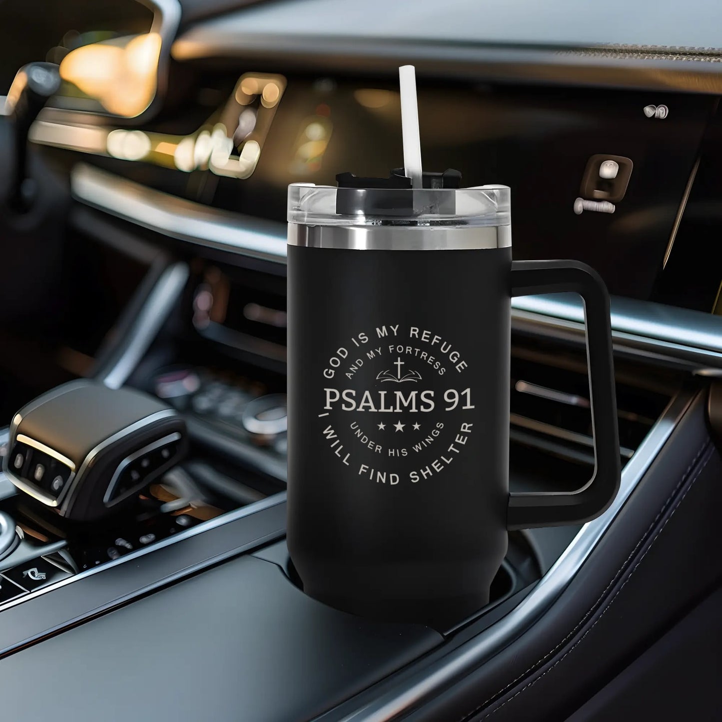 Psalms 91 God Is My Refuge 40oz Stainless Steel Christian Tumbler Travel Mug with Handle and Straw for Cup Holder