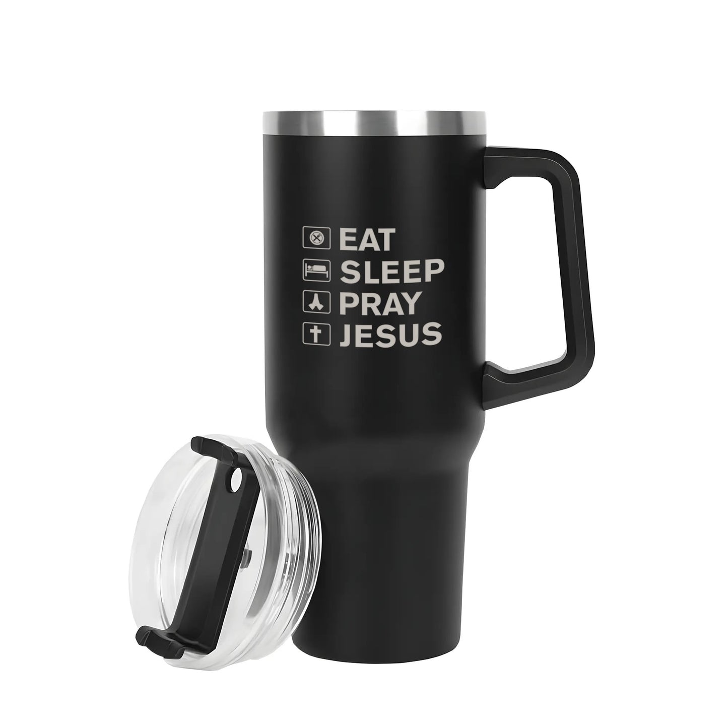 Eat Sleep Pray Jesus 40oz Stainless Steel Christian Tumbler Travel Mug with Handle and Straw for Cup Holder