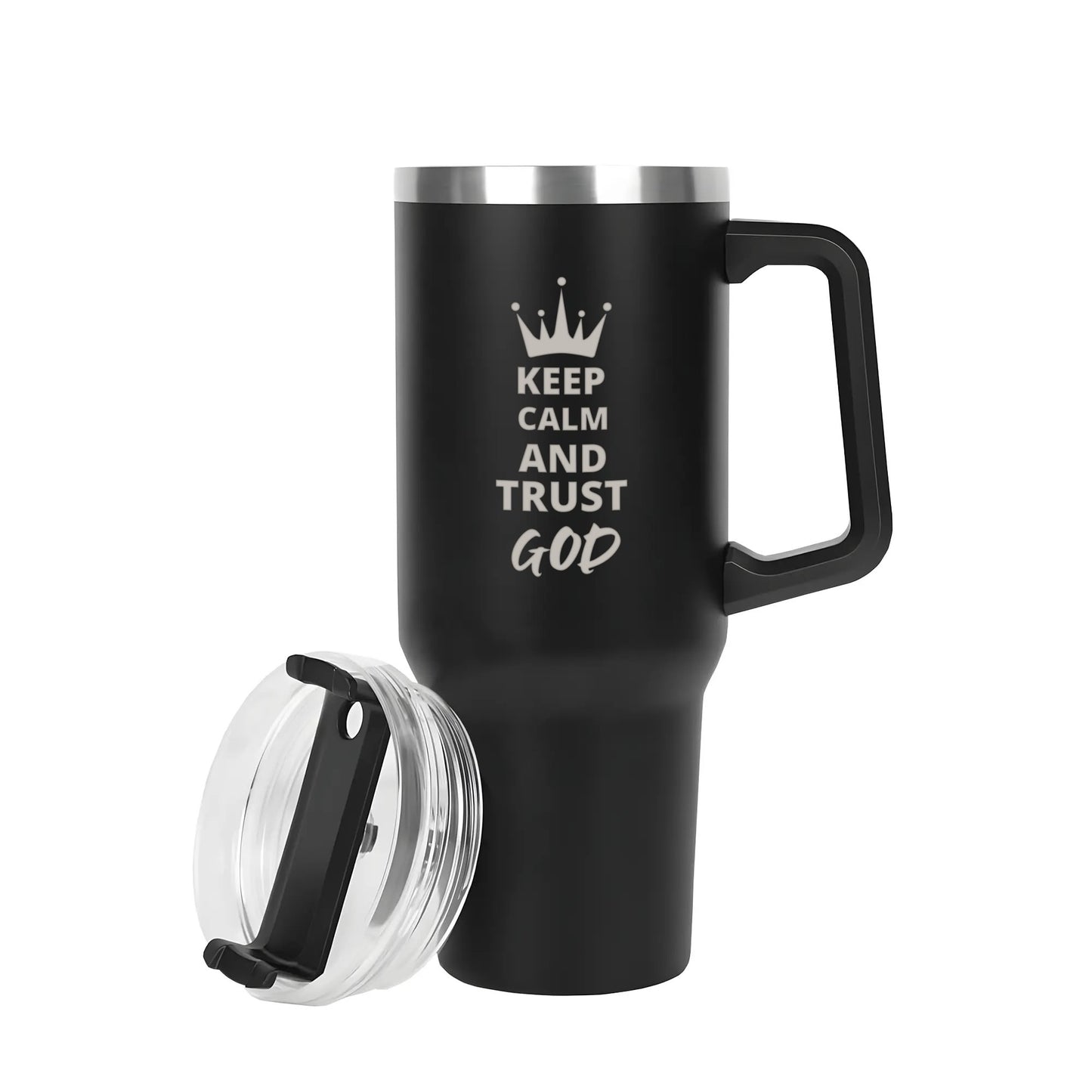 Keep Calm And Trust God Do 40oz Stainless Steel Christian Tumbler Travel Mug with Handle and Straw for Cup Holder