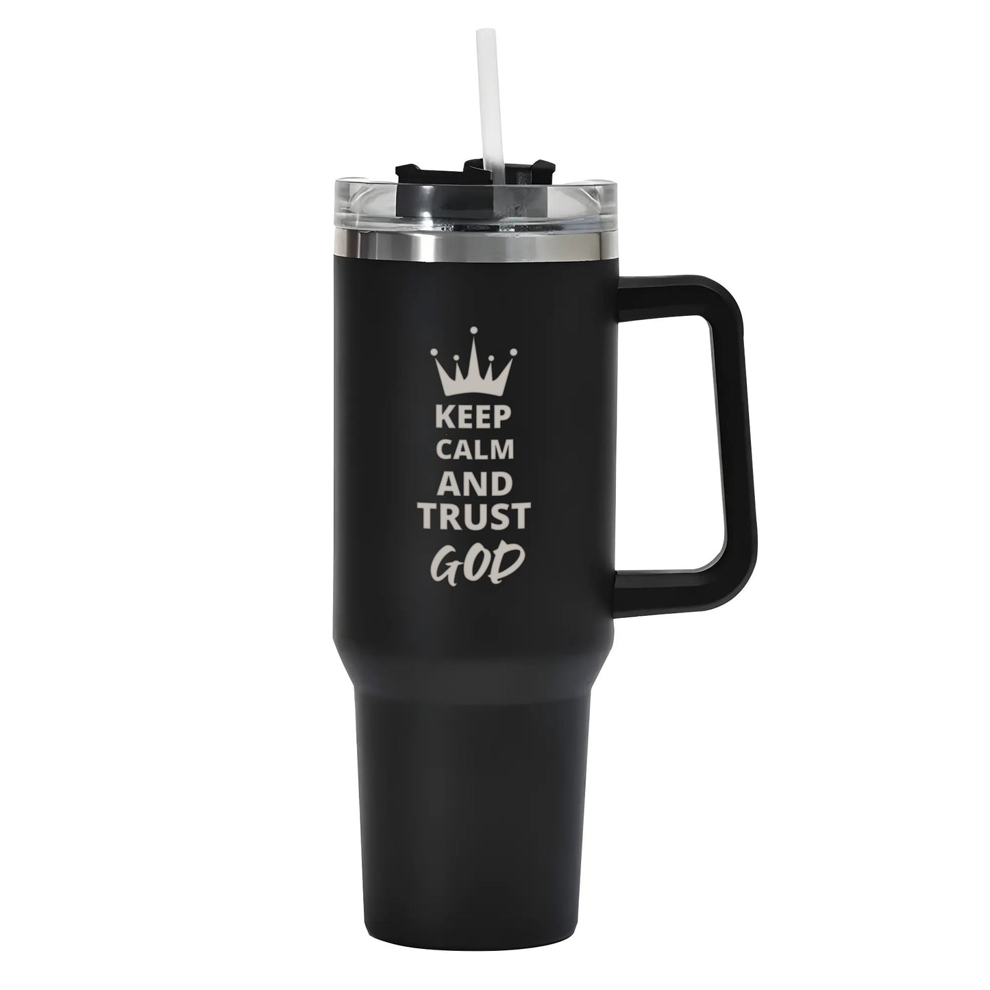 Keep Calm And Trust God Do 40oz Stainless Steel Christian Tumbler Travel Mug with Handle and Straw for Cup Holder