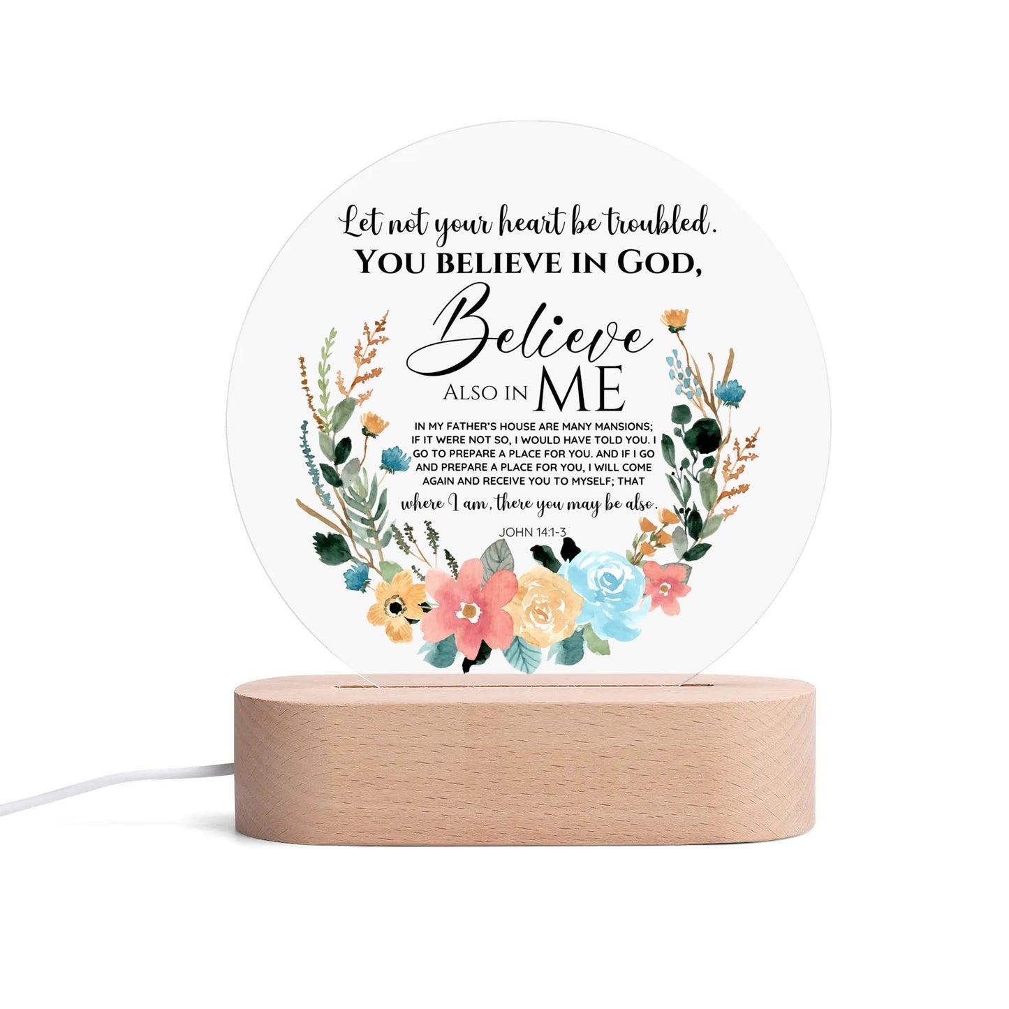 John 14:1-3 Let Not Your Heart Be Troubled Christian Acrylic Round Lamp Night Light Christian Gift Idea