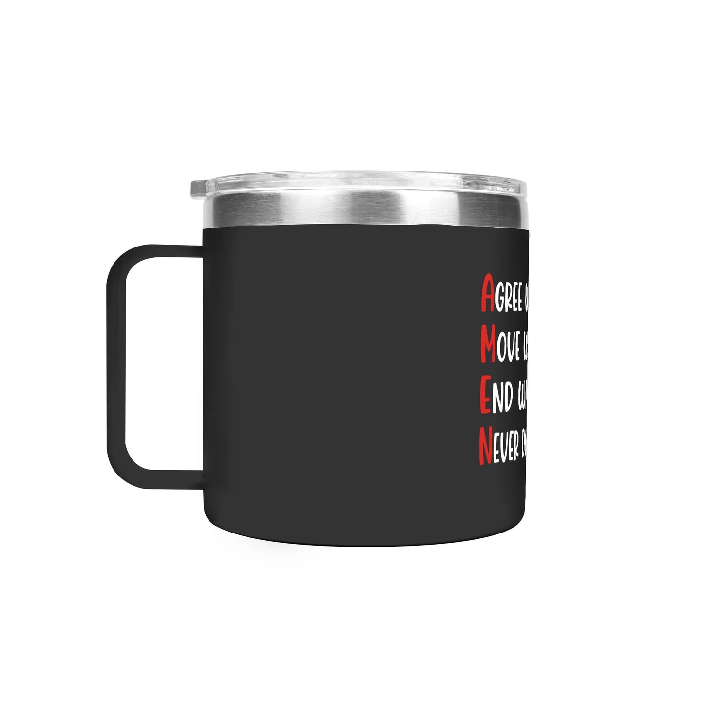 AMEN Agree Move End With God Never Doubt God 14oz Stainless Steel Christian Coffee Mug Cup with Lid and Handle