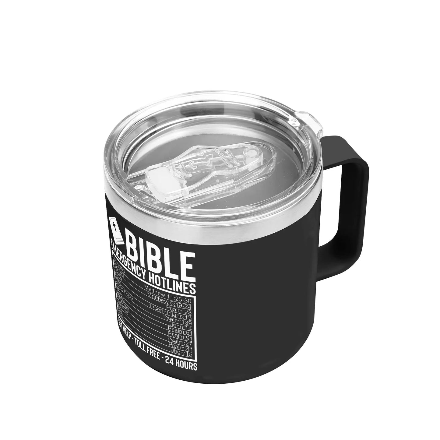 Bible Emergency Numbers 14oz Stainless Steel Christian Coffee Mug Cup with Lid and Handle