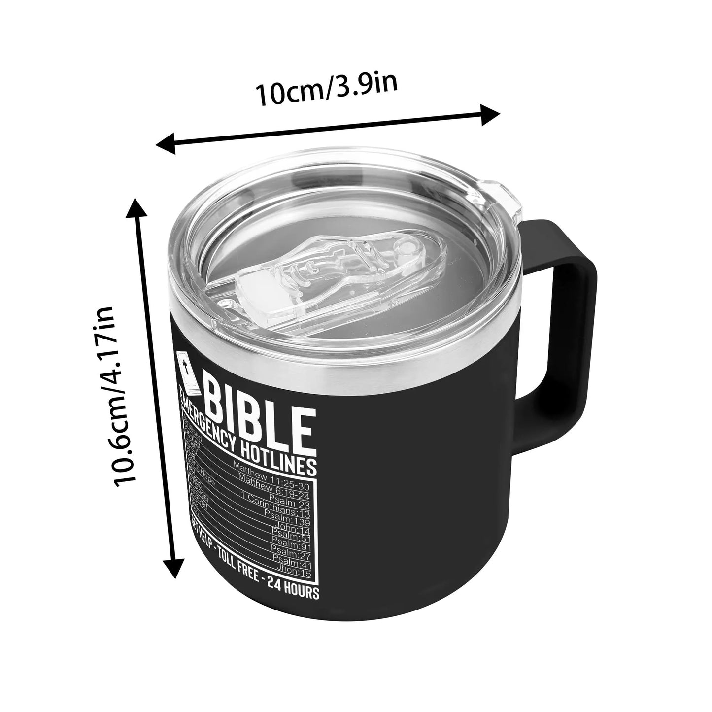 Bible Emergency Numbers 14oz Stainless Steel Christian Coffee Mug Cup with Lid and Handle