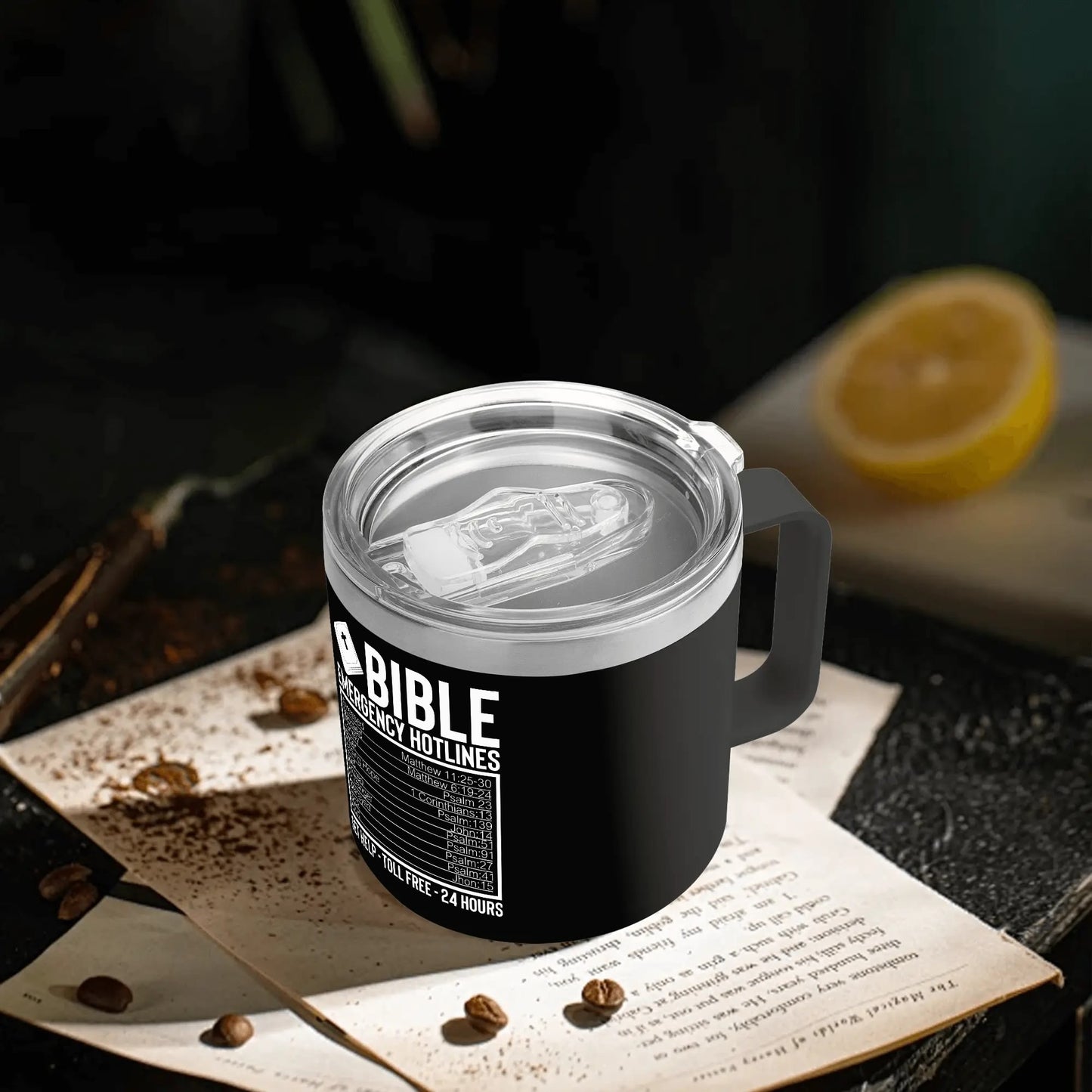 Bible Emergency Numbers 14oz Stainless Steel Christian Coffee Mug Cup with Lid and Handle