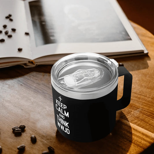 Keep Calm And Think What Would Jesus Do14oz Stainless Steel Christian Coffee Mug Cup with Lid and Handle