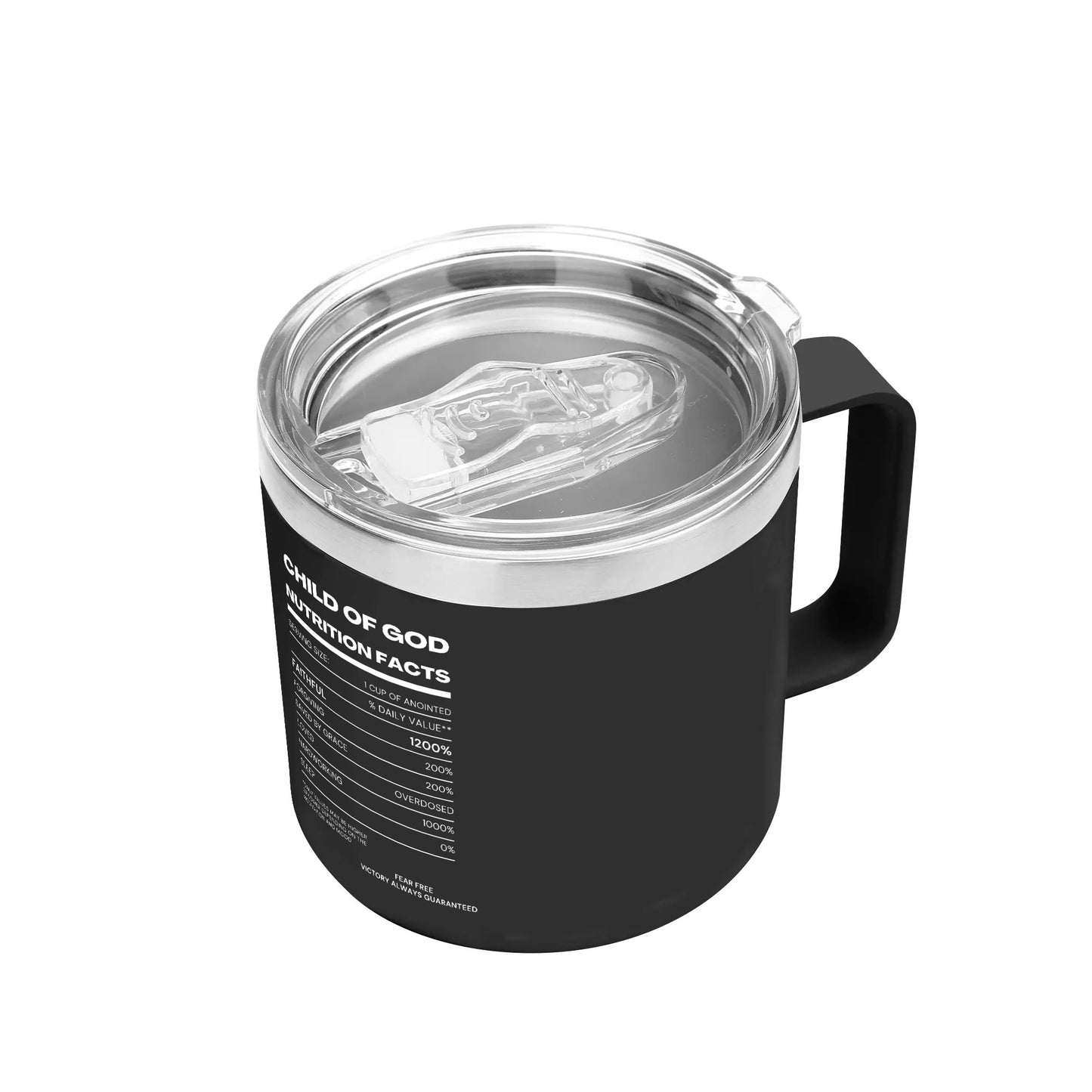 Child Of God Nutrition Facts 14oz Stainless Steel Christian Coffee Mug Cup with Lid and Handle