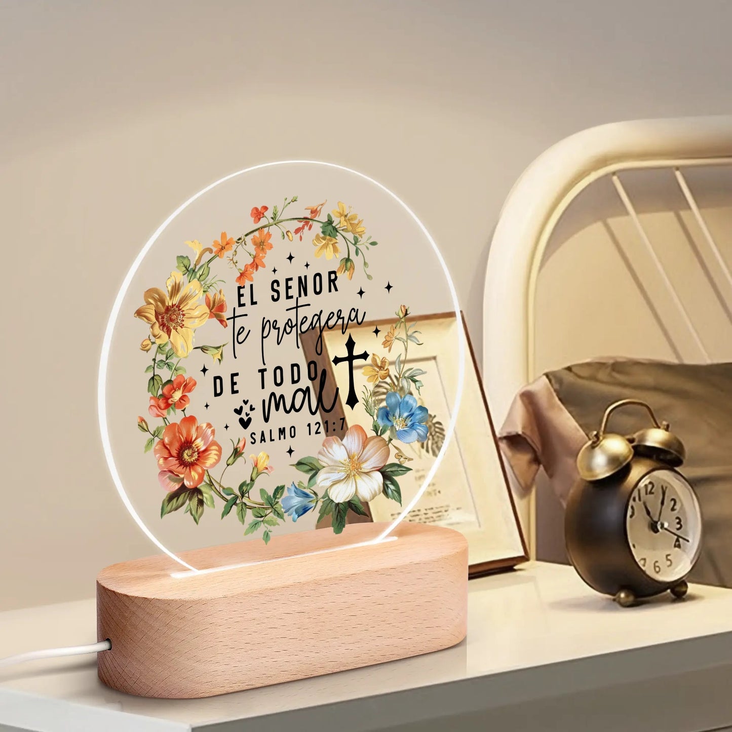 Salmo 121:7 El Senor Te Protegera De Todo Mal Spanish Christian Acrylic Round Lamp Night Light Christian Gift Idea