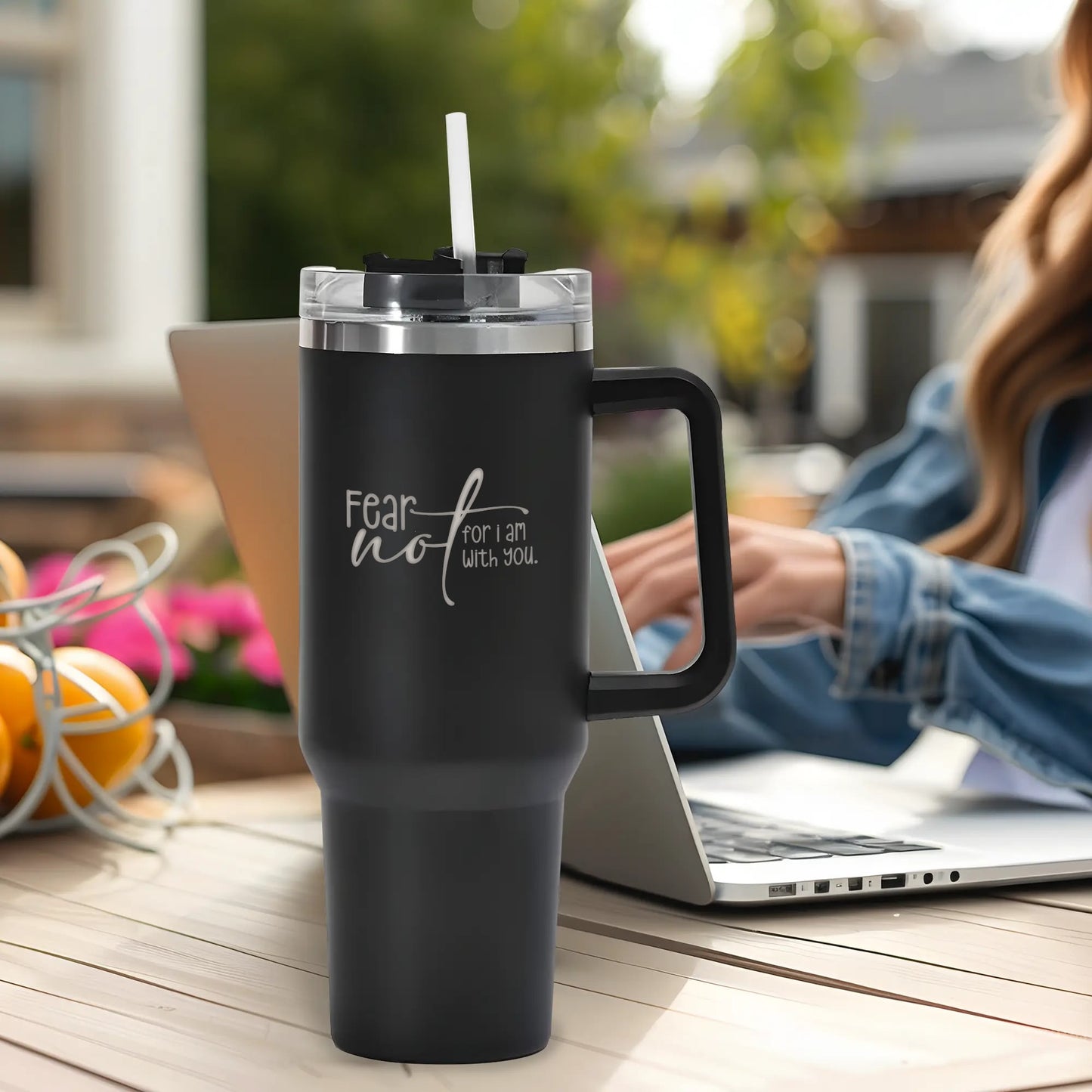 Fear Not For I Am With You 40oz Stainless Steel Christian Tumbler Travel Mug with Handle and Straw for Cup Holder