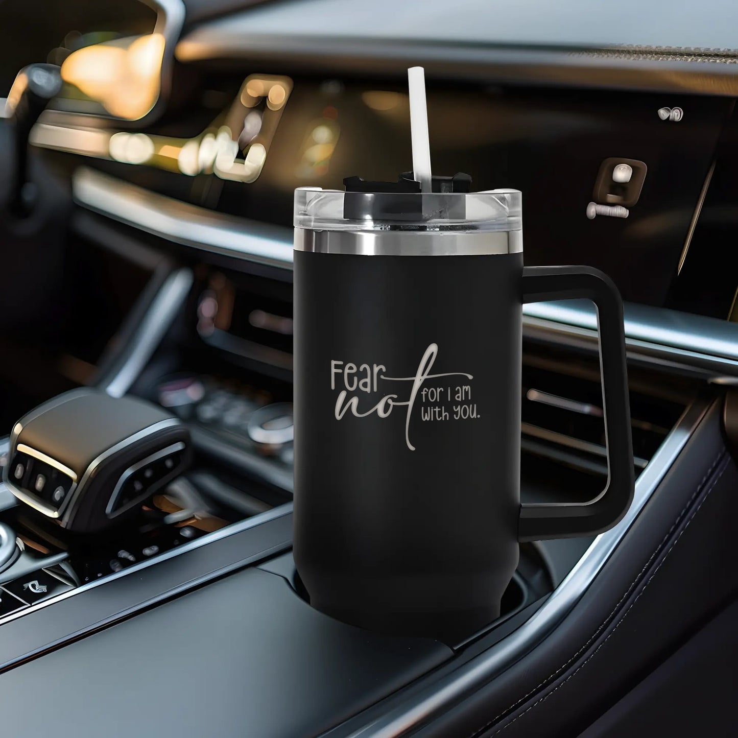 Fear Not For I Am With You 40oz Stainless Steel Christian Tumbler Travel Mug with Handle and Straw for Cup Holder